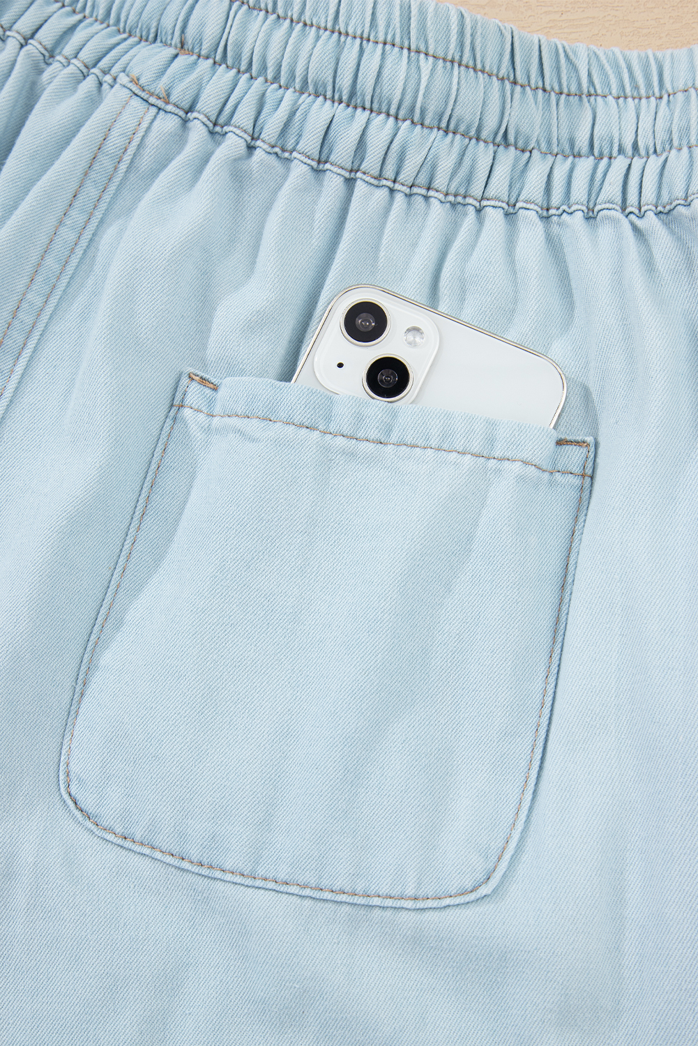 Beau Blue Light Wash Contrast Trim Center Seam Drawstring Elastic Waistband Wide Leg Denim Pants - loveforevers