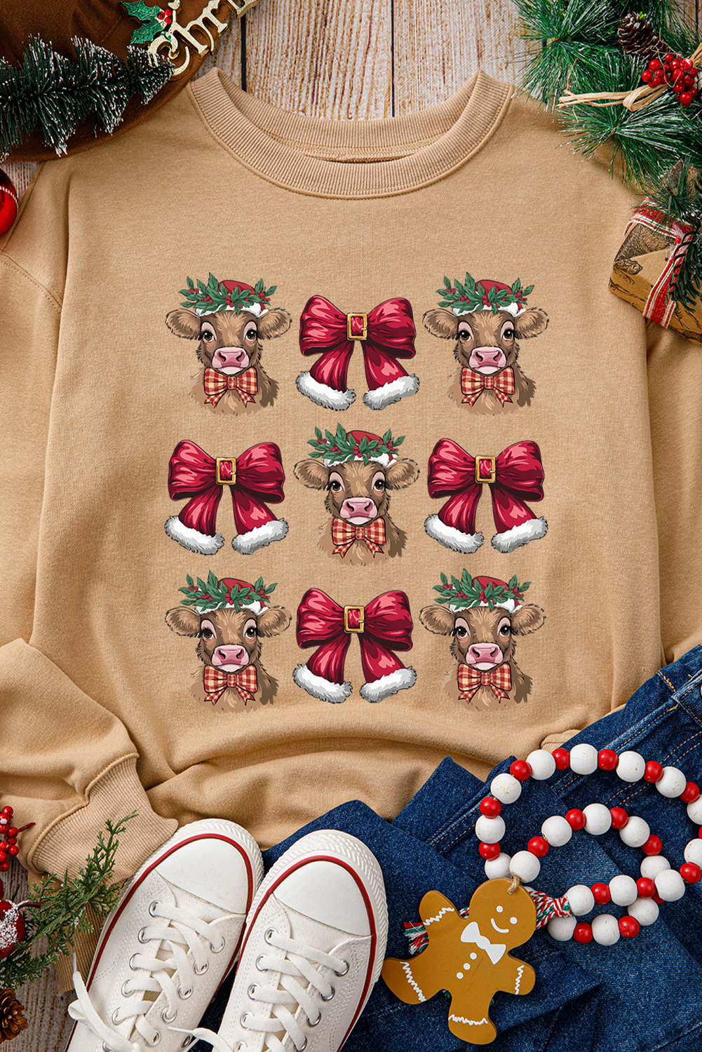 Khaki Christmas Heifer Bow Knot Print Womens Casual Sweatshirt - loveforevers