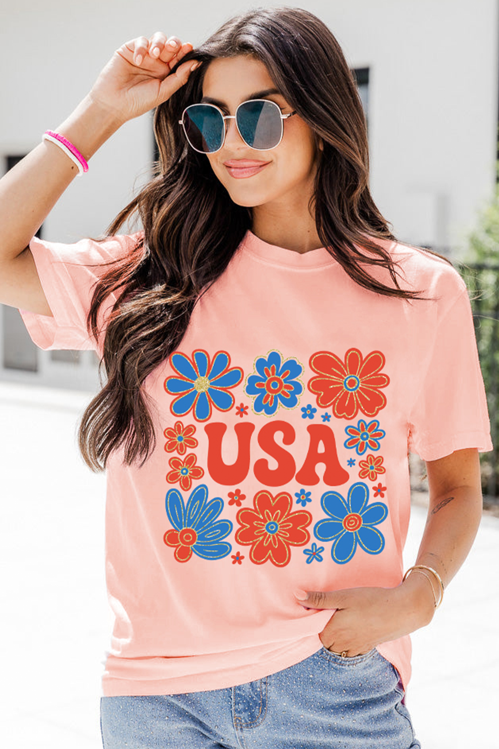 Pink Shimmer Flower USA Letter Printed Casual T Shirt - loveforevers