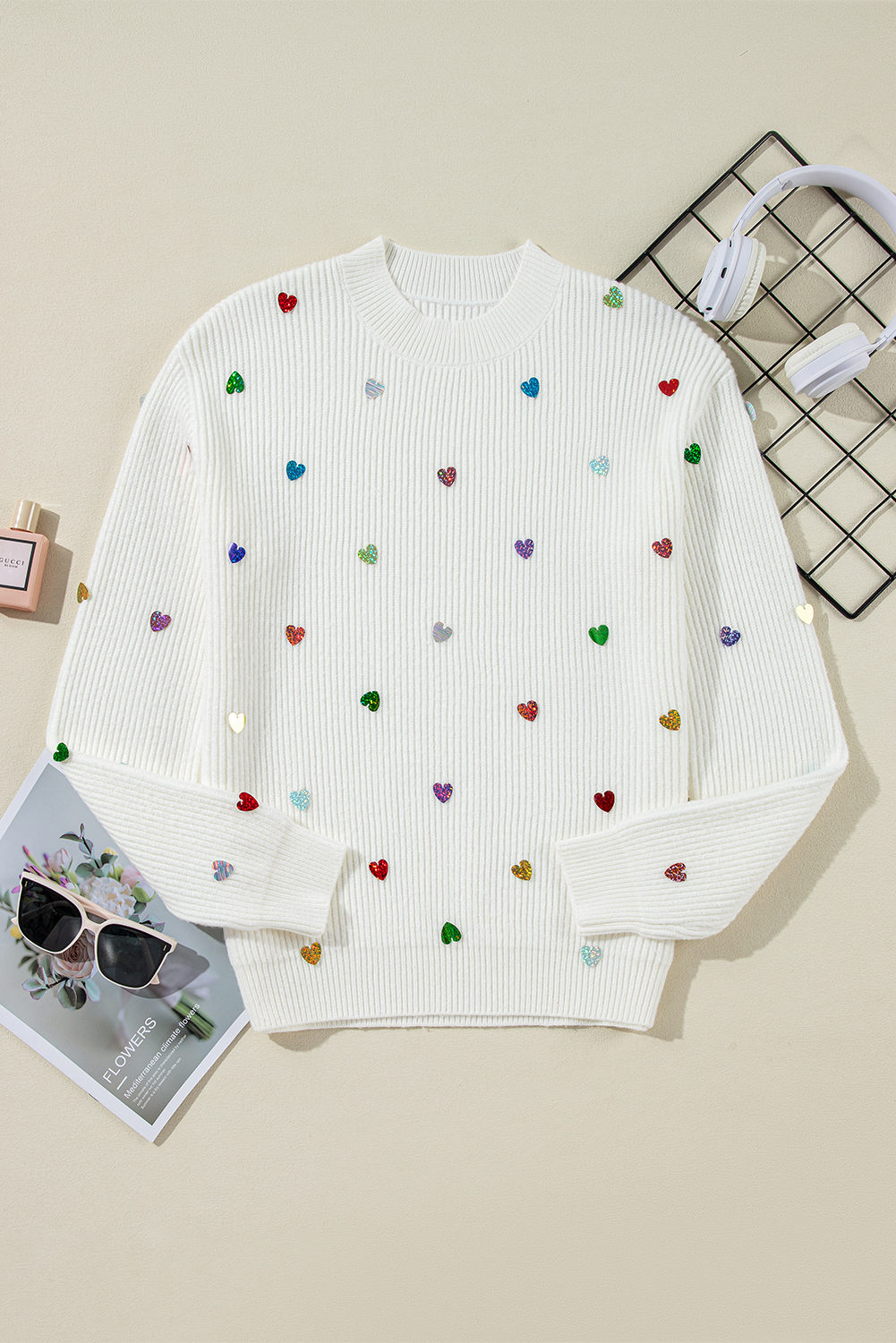 Beige Sequin Heart Shape Waffle Knit Round Neck Sweater - loveforevers