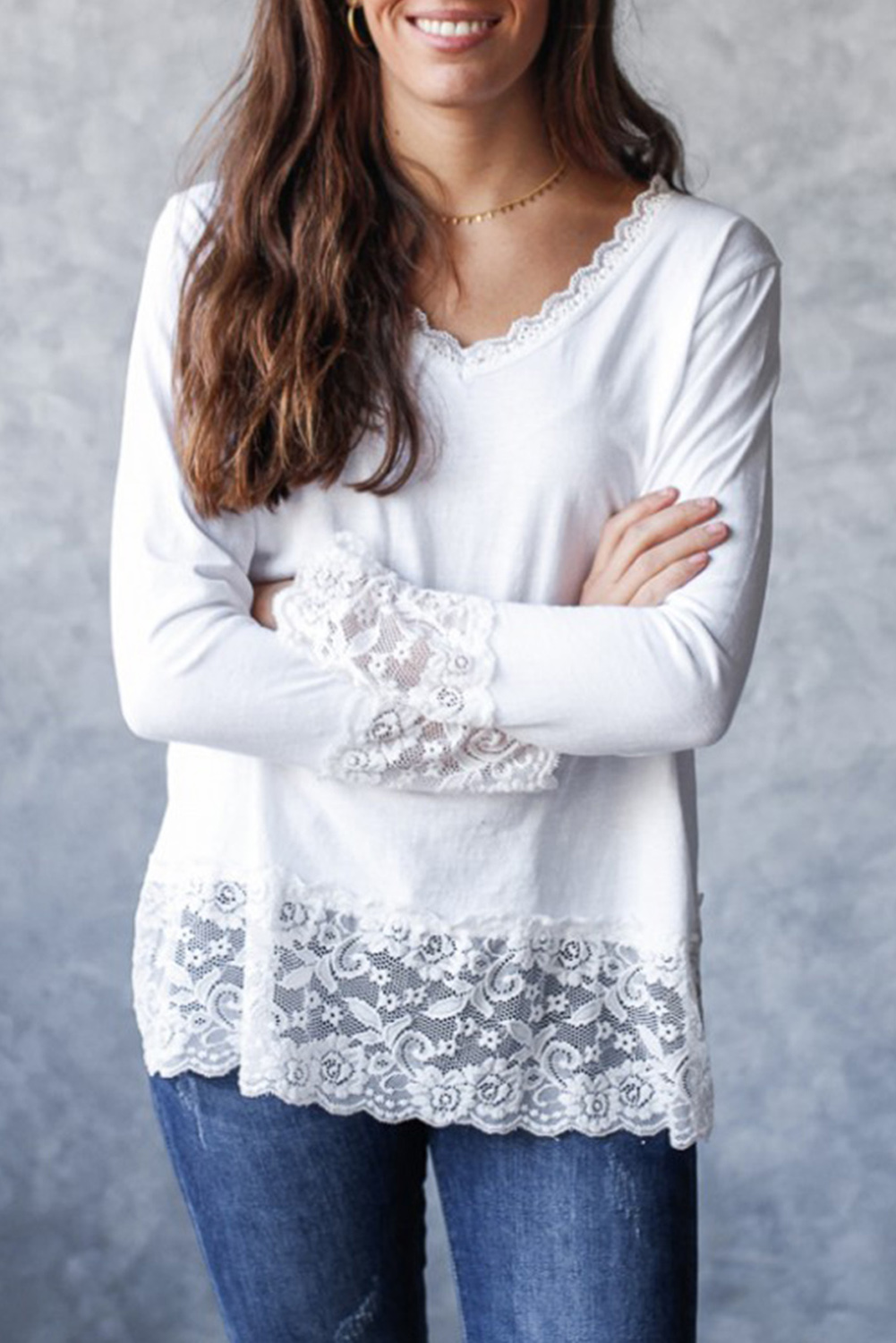 White Lace Trim V Neck Cuffed Long Sleeve Loose Top - loveforevers