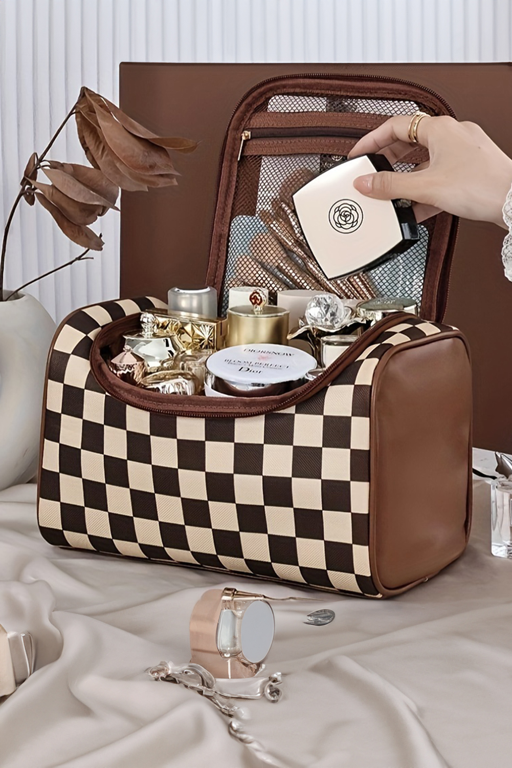 Black Checkered PU Leather Zipper Makeup Bag - loveforevers