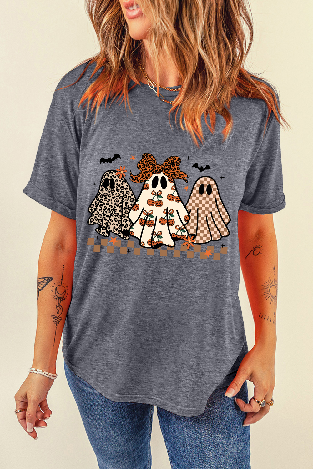 Gray Cute Halloween Ghost Printed Womens Casual Tee - loveforevers