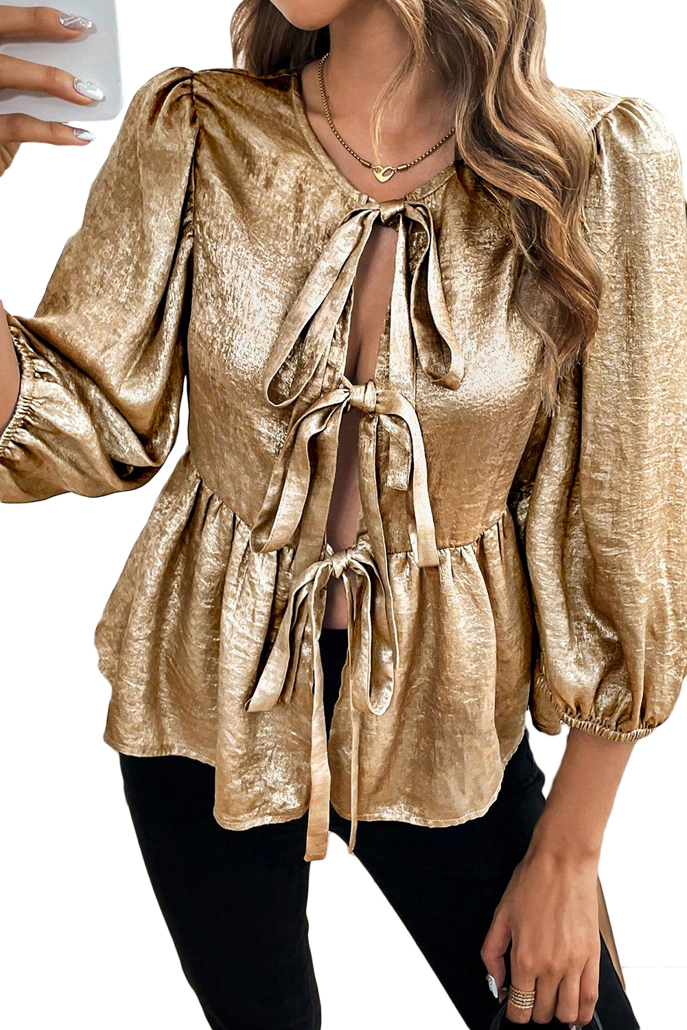 Gold Bow Tie Front Puff 3/4 Sleeve Ruffle Hem Blouse - loveforevers