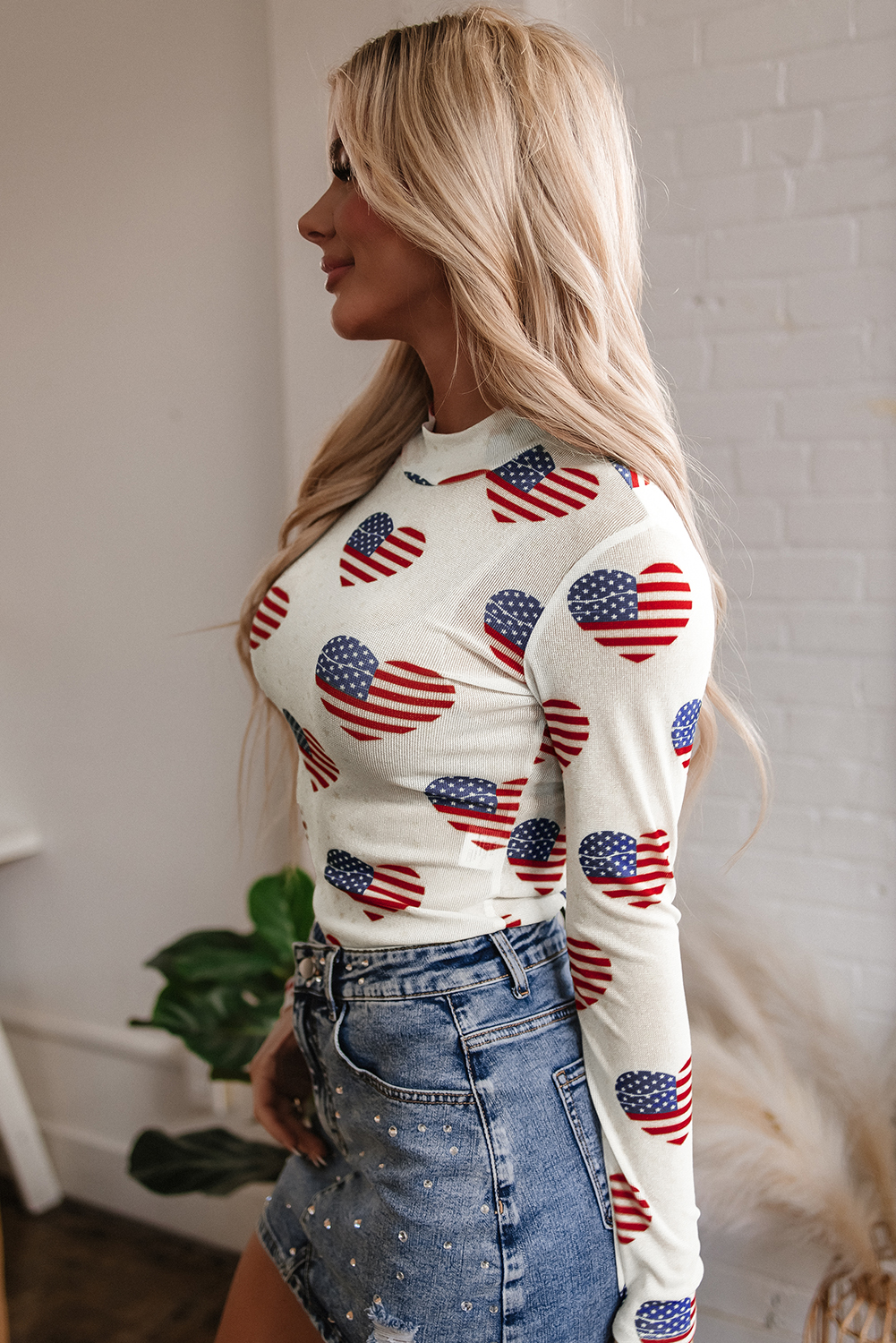 White Americana Glitter Mesh Long Sleeve Bodysuit - loveforevers