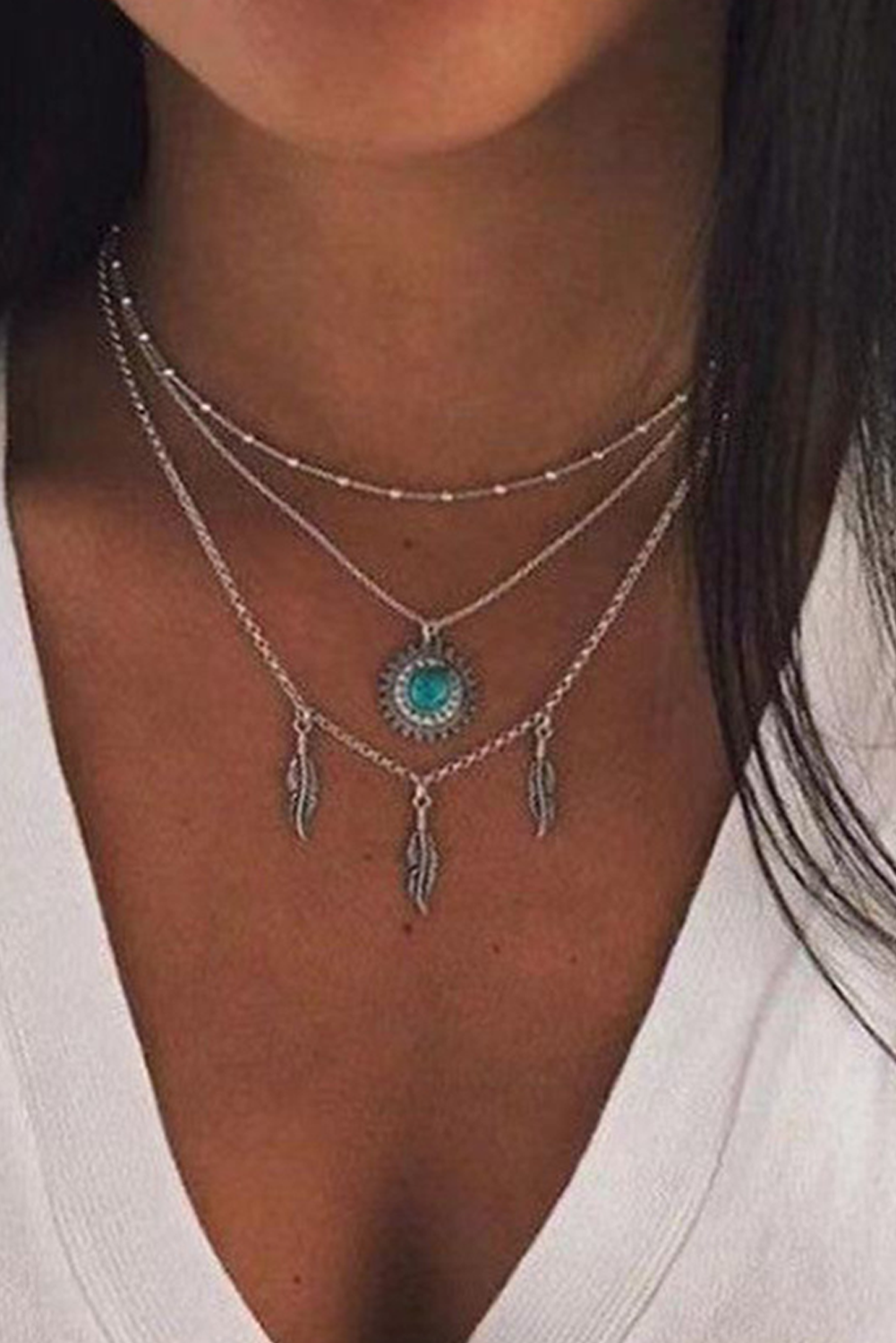 Silvery Boho Turquoise Sun Leaves Multi Layered Necklace - loveforevers