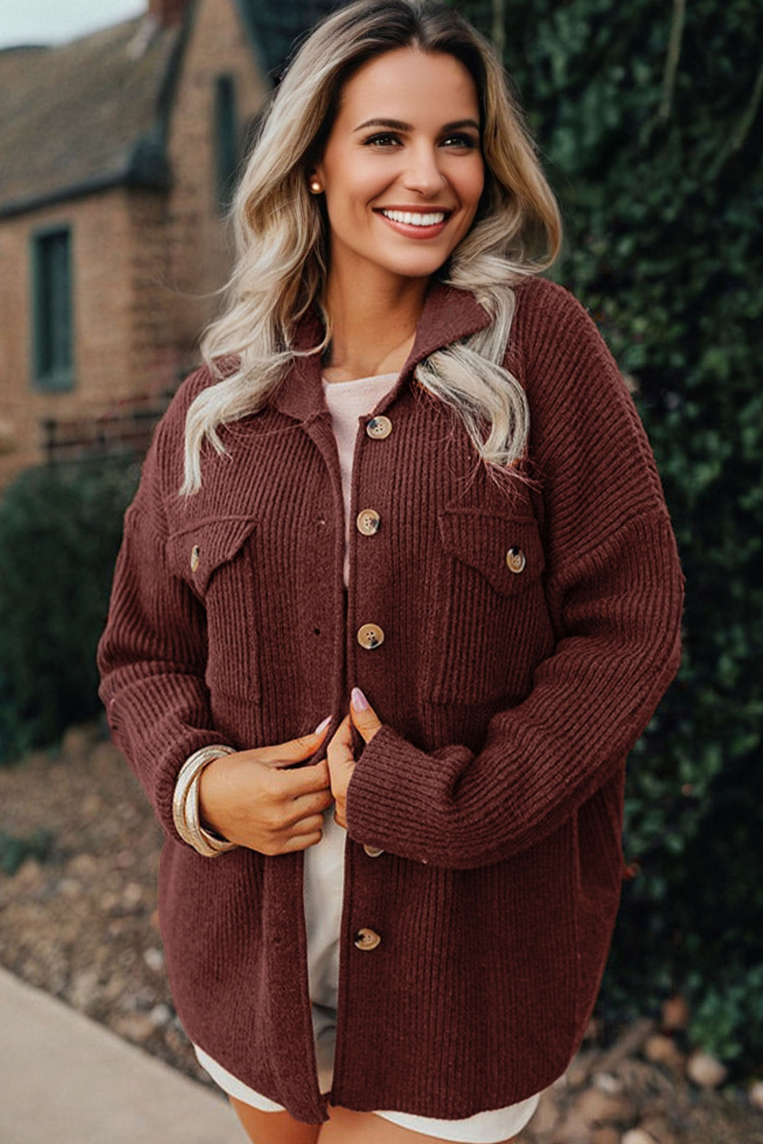 Medium Grey Ribbed Knit Buttons Front Flap Pocket Casual Shacket - loveforevers