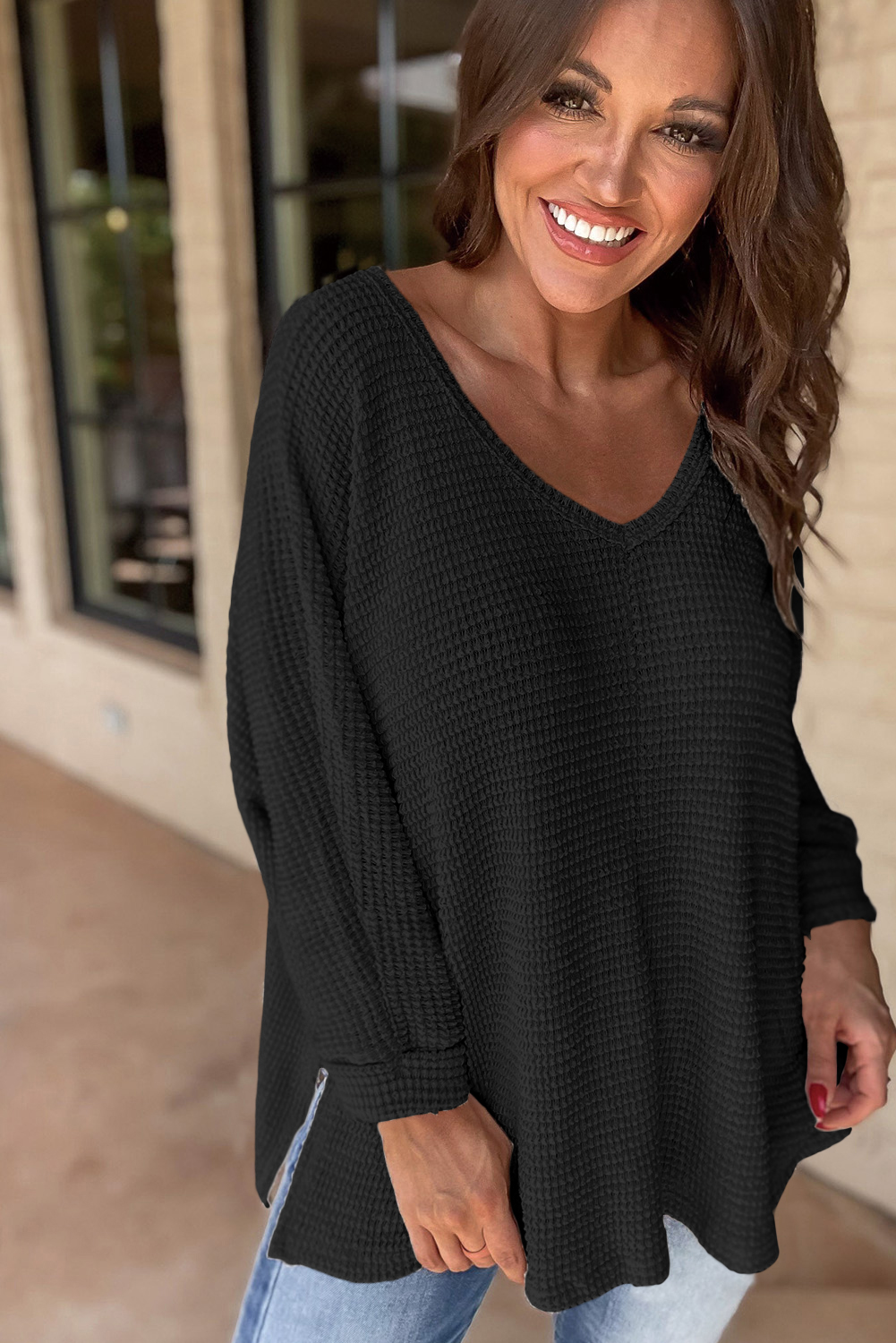 White Waffle Knit Side Slits Loose Fit V Neck Top - loveforevers