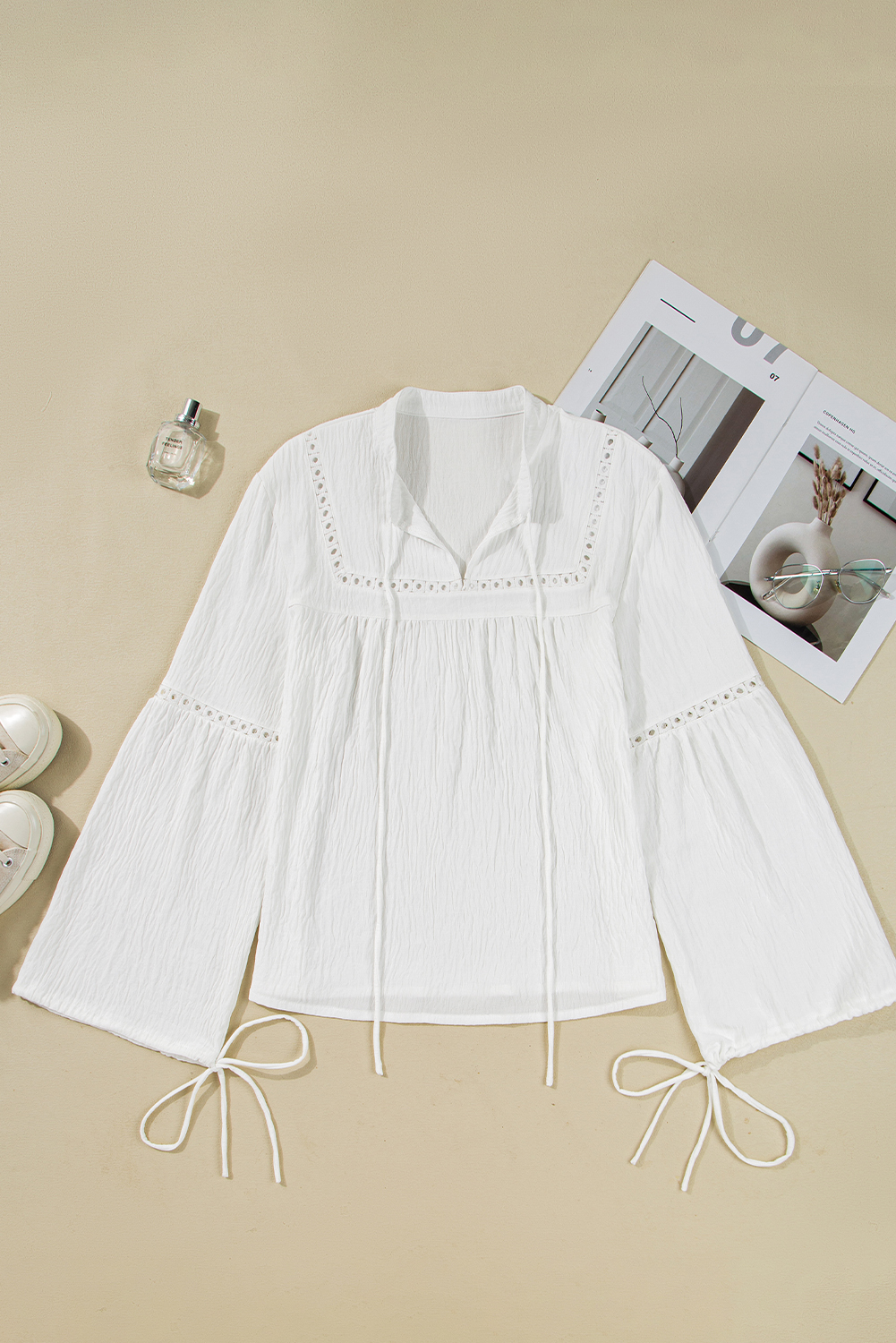White Drawstring Lace Detail Puff Sleeve Split Neck Spring Fall Blouse - loveforevers