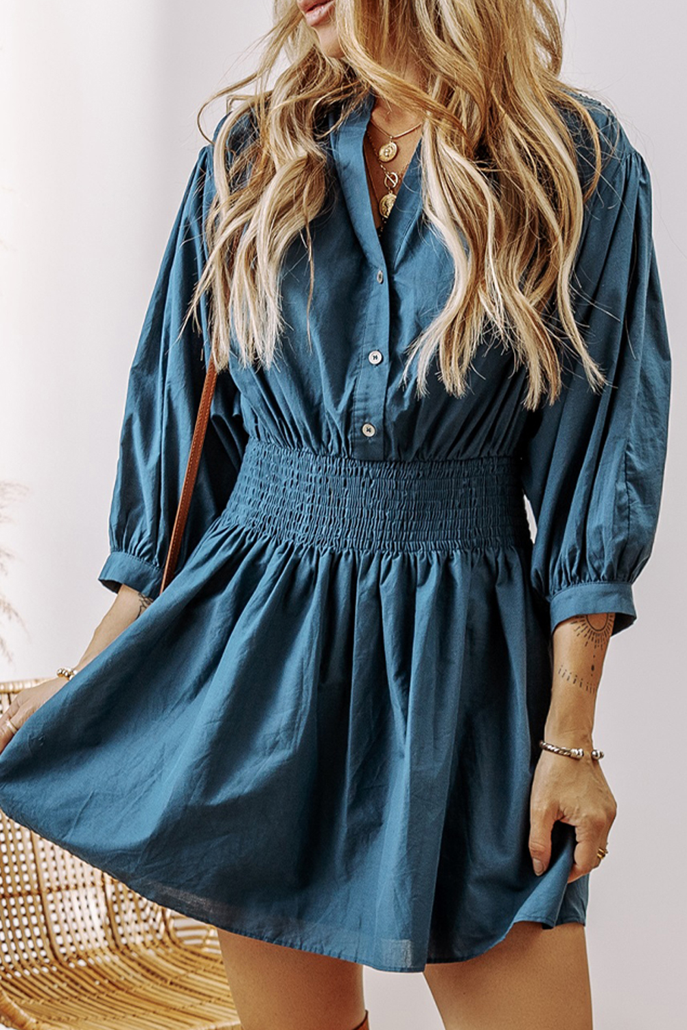 Prussian Blue 3/4 Sleeve Shirred High Waist Buttoned Mini Dress - loveforevers