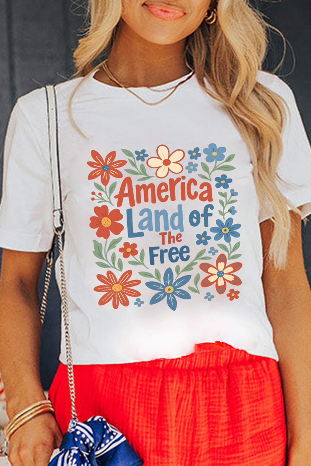 White America Land of The Free Flower Graphic Crewneck T Shirt - loveforevers