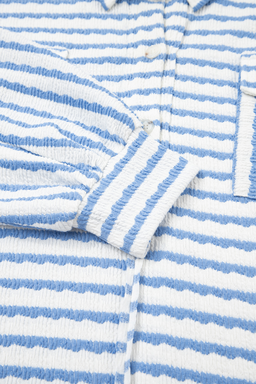 Sky Blue Stripe Half Button Collared Chest Pockets Loose Fit Blouse - loveforevers