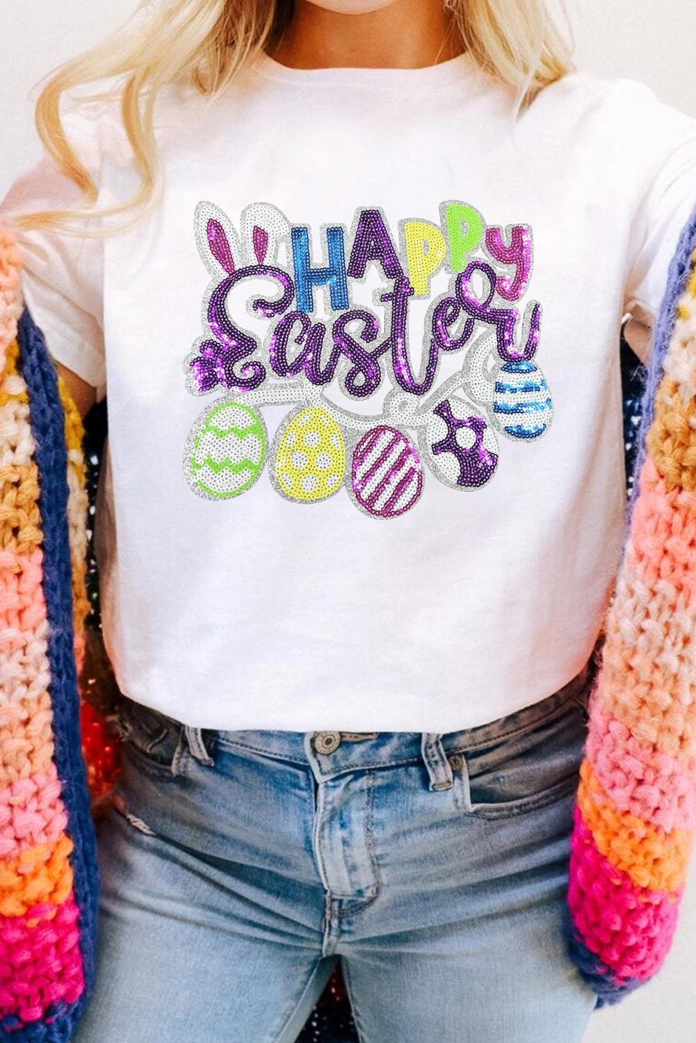 White Happy Easter Sequin Patched Casual Tee - loveforevers