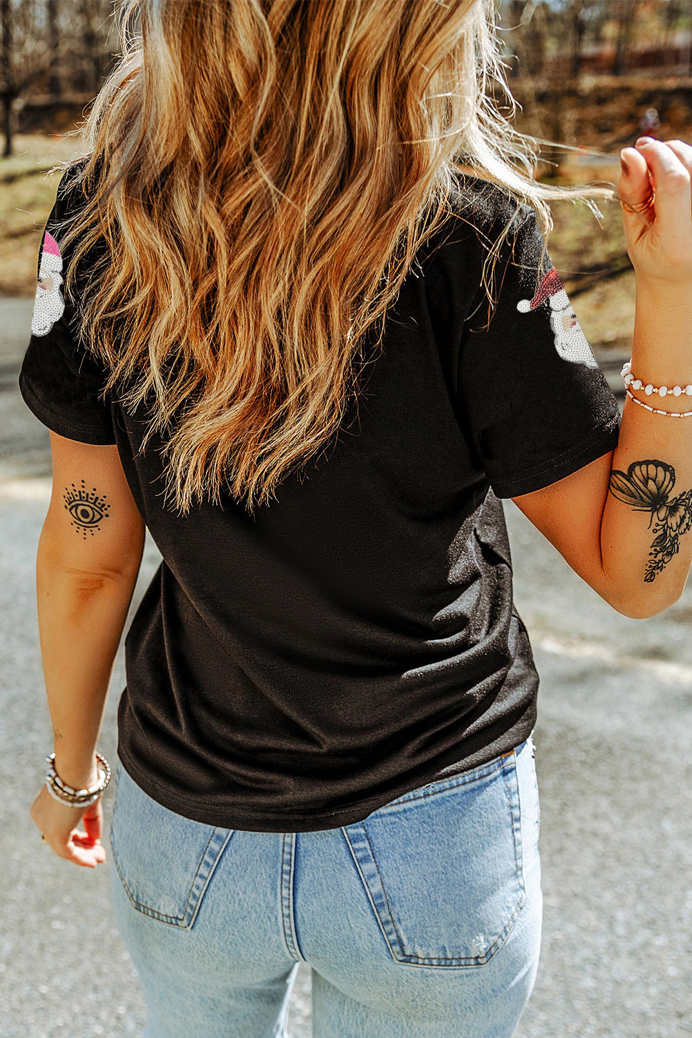 Black Sequin Patched Father Christmas Graphic T Shirt - loveforevers