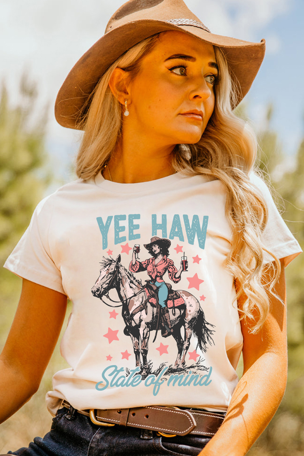 White YEE HAW State of  mind Cowgirl Graphic Western Fashion Tee - loveforevers