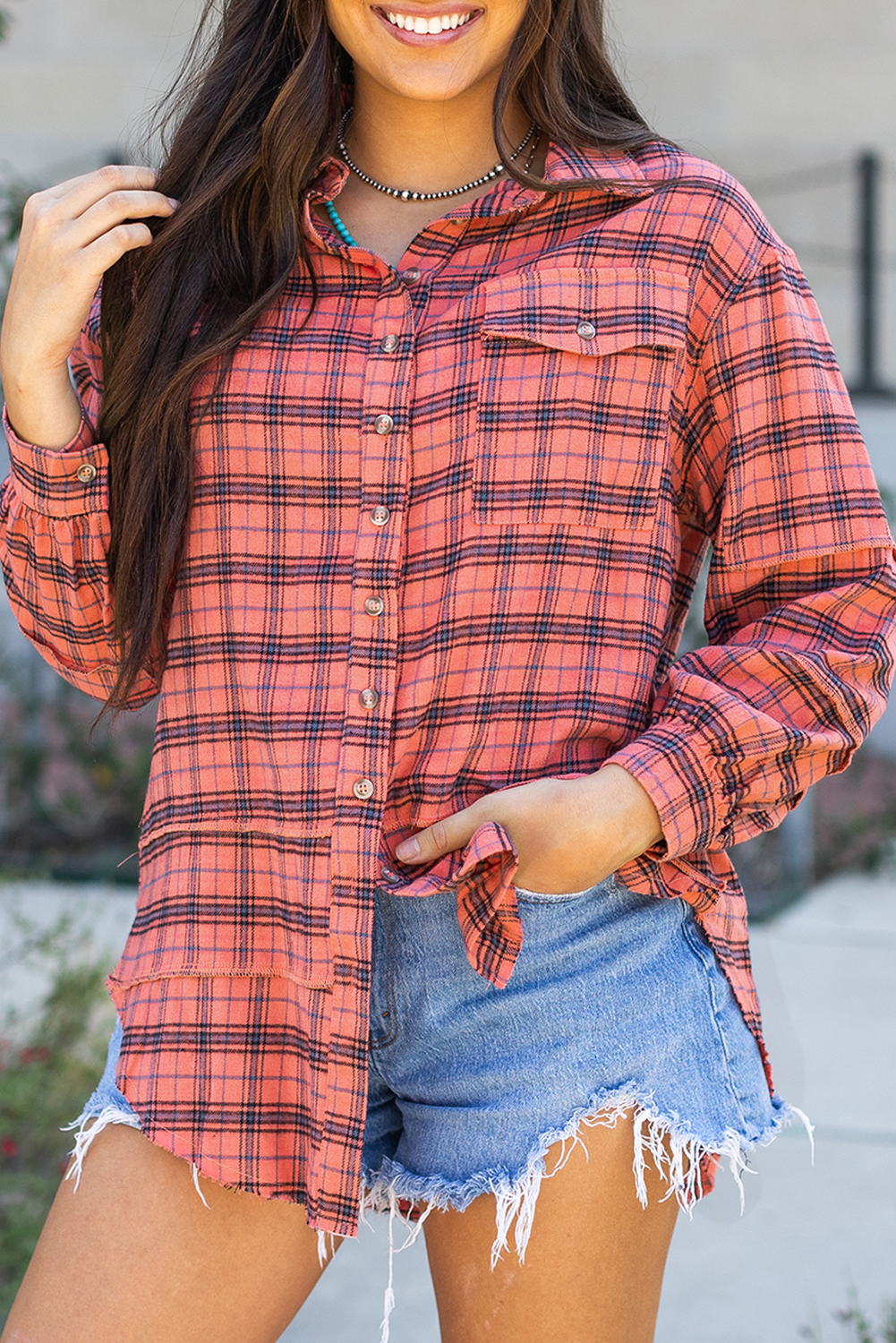 Red Plaid Long Sleeeve Side Split Distressed Hem Shirt - loveforevers