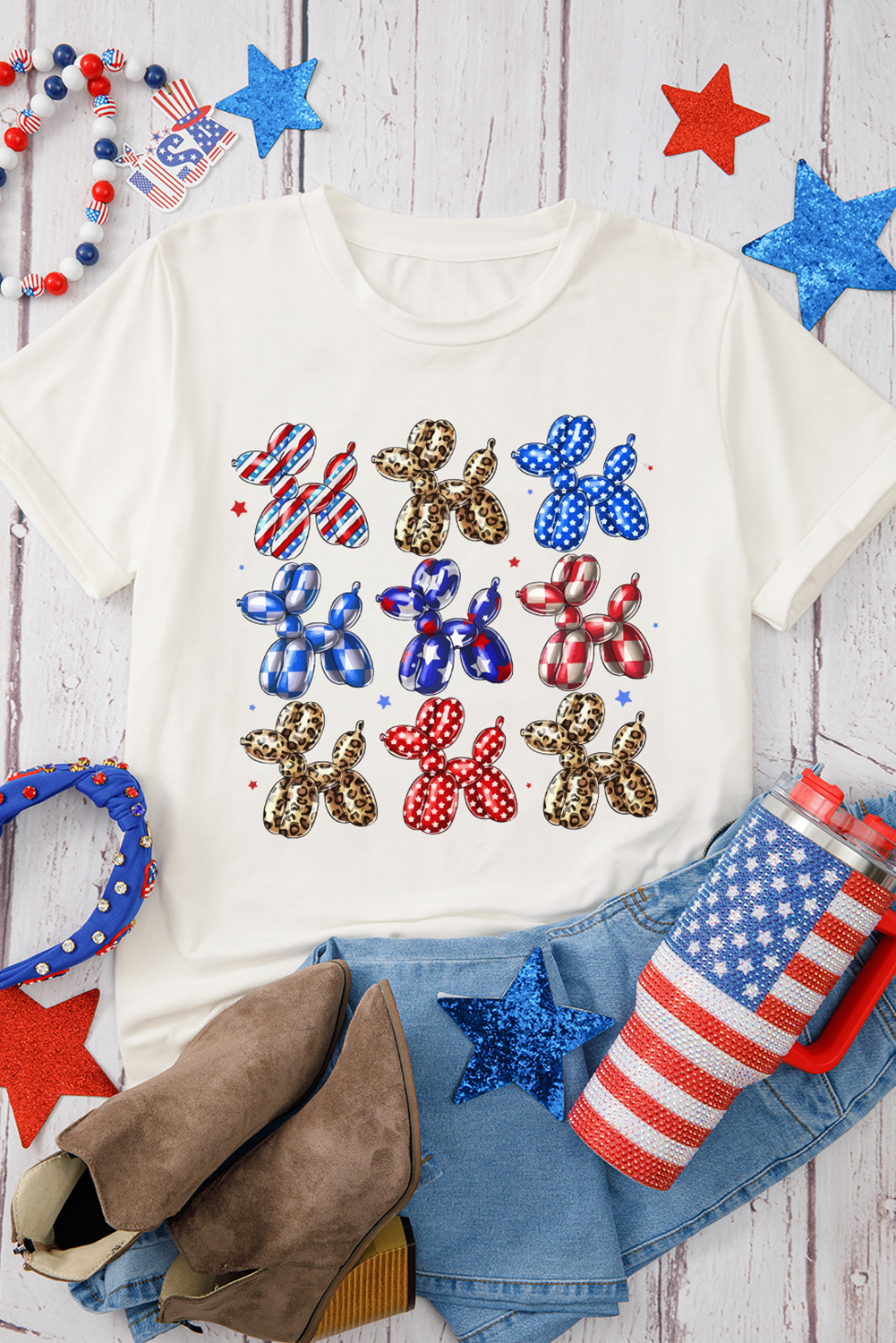 White American Flag Balloon Dog Print Crew Neck T Shirt - loveforevers