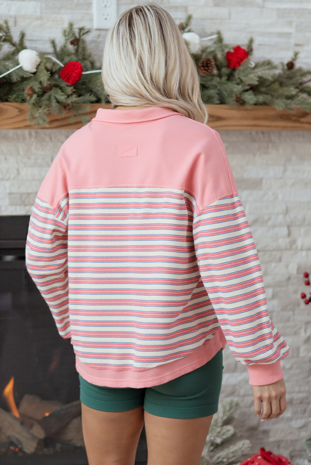 Red Stripe Buttoned V Neck Collared Drop Shoulder Top - loveforevers