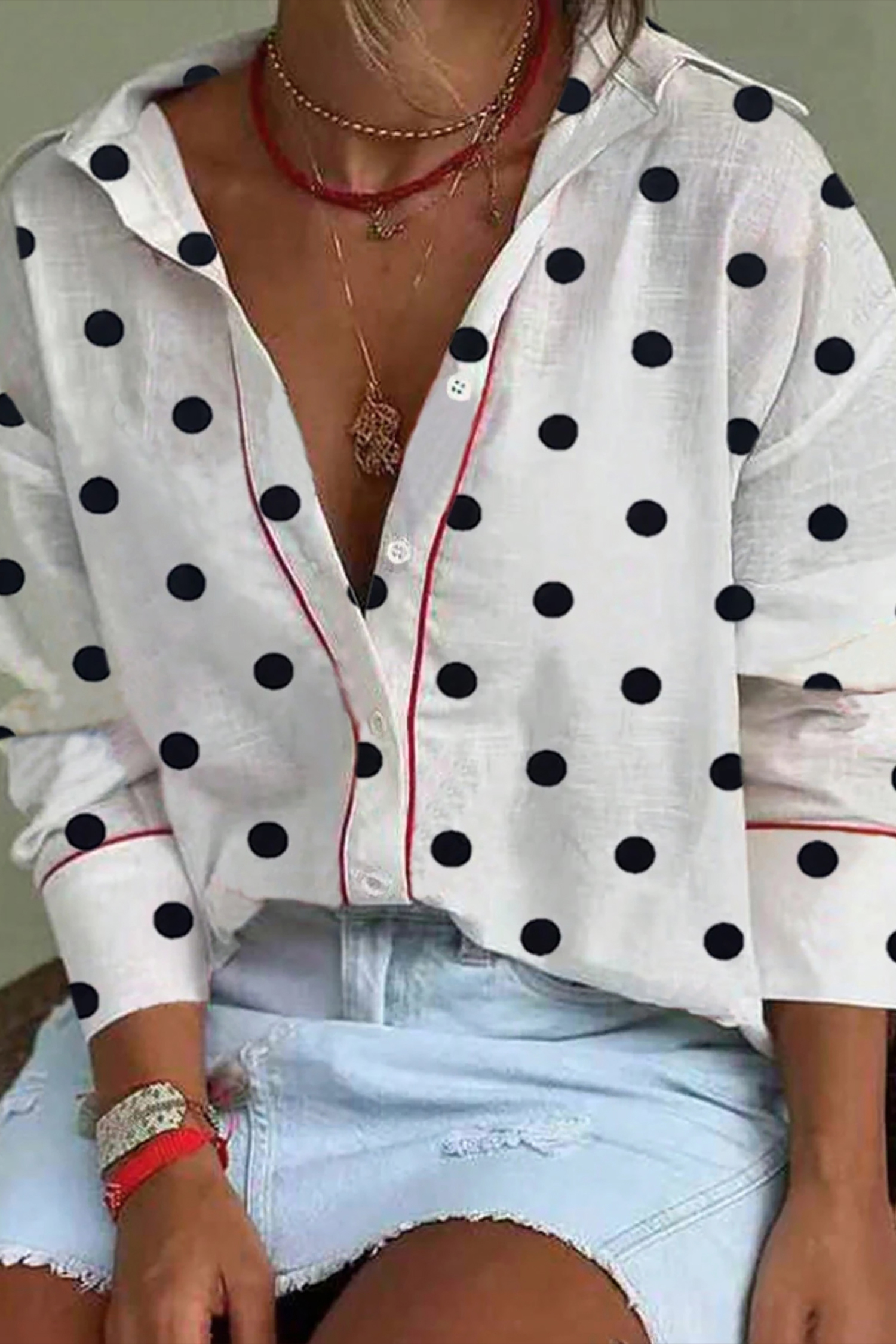 White Polka Dot Print Contrast Piping Elegant Shirt - loveforevers