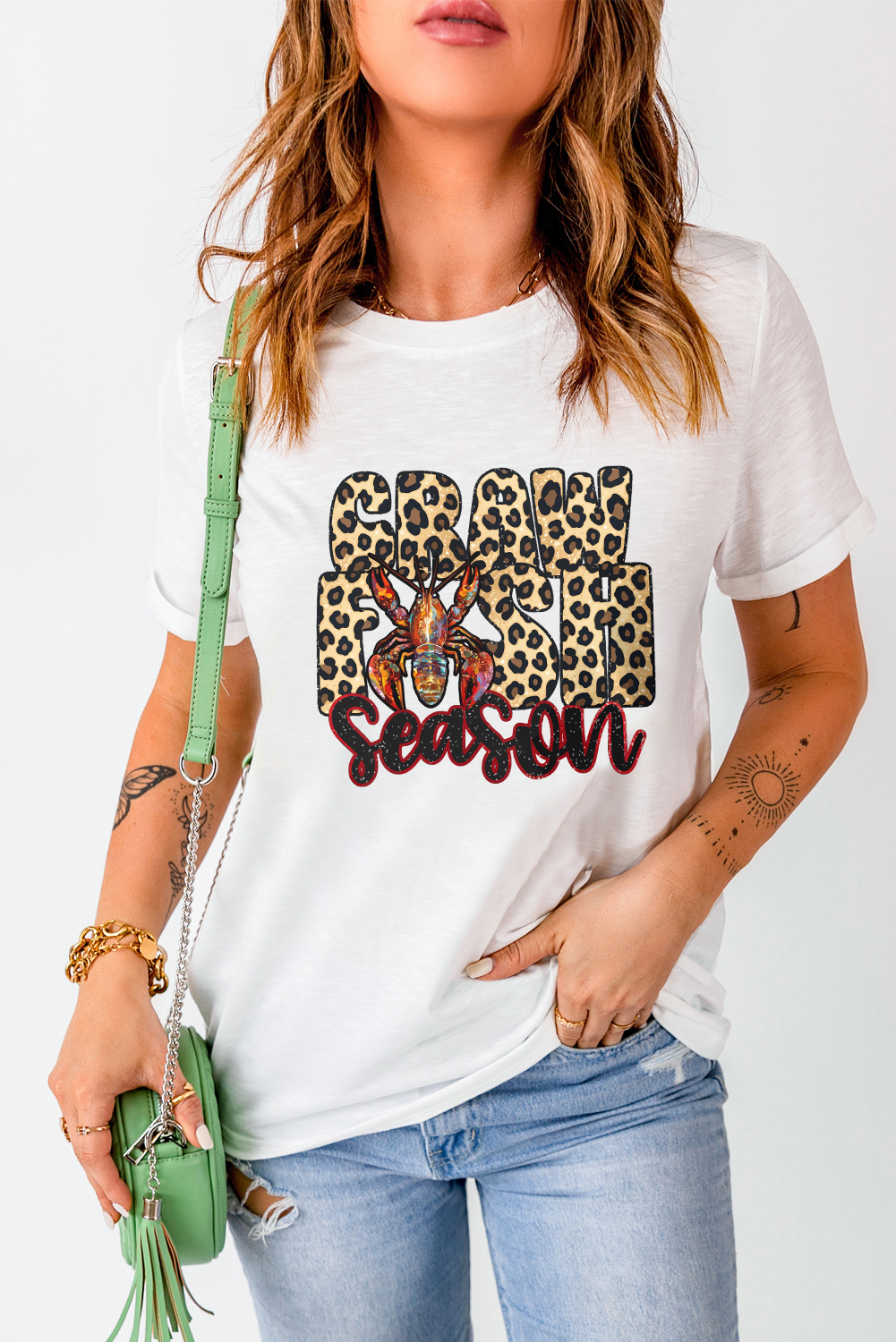 White Crawfish Season Leopard Letter Graphic Tee - loveforevers