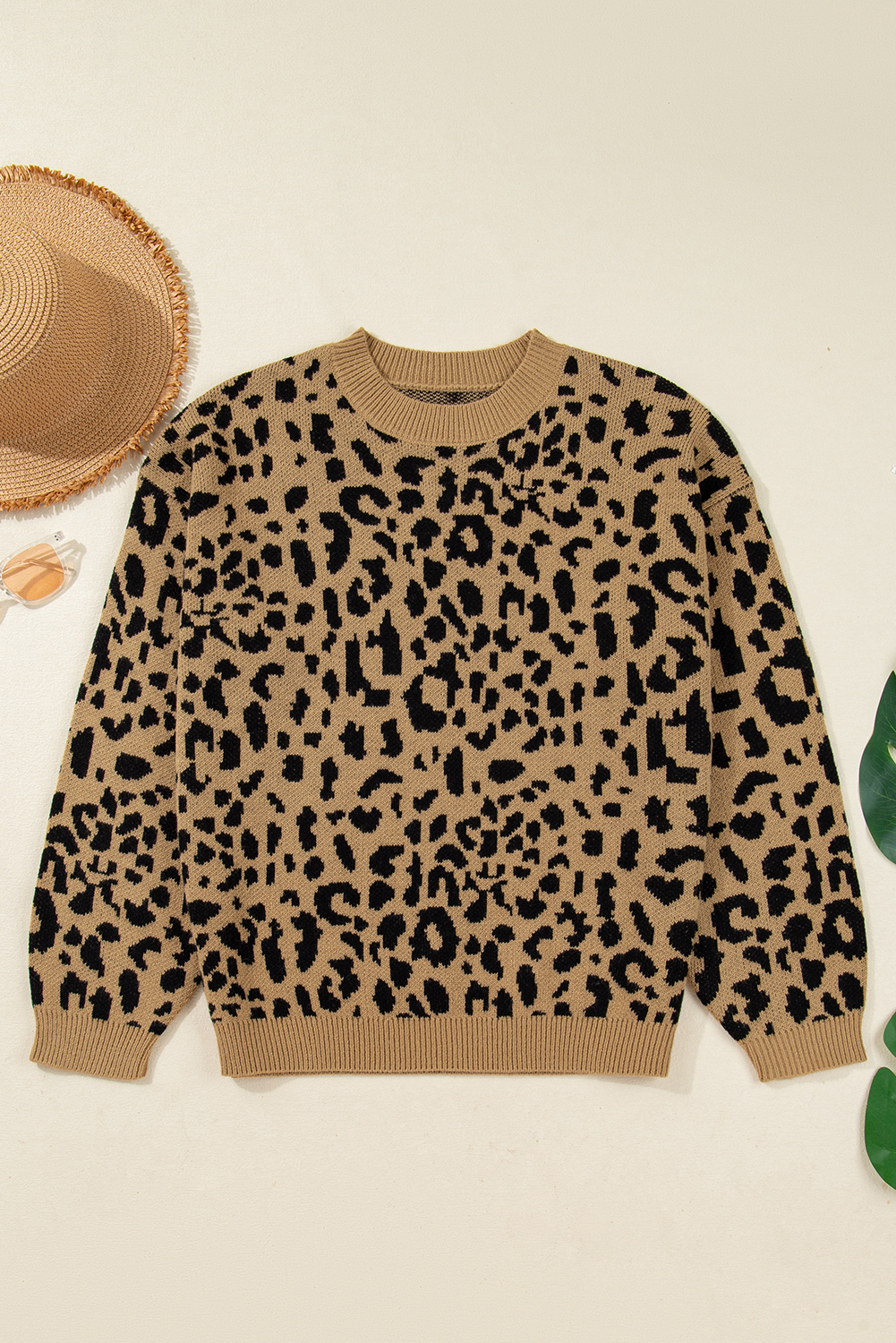 Light French Beige Ribbed Trim Round Neck Leopard Drop Shoulder Sweater - loveforevers