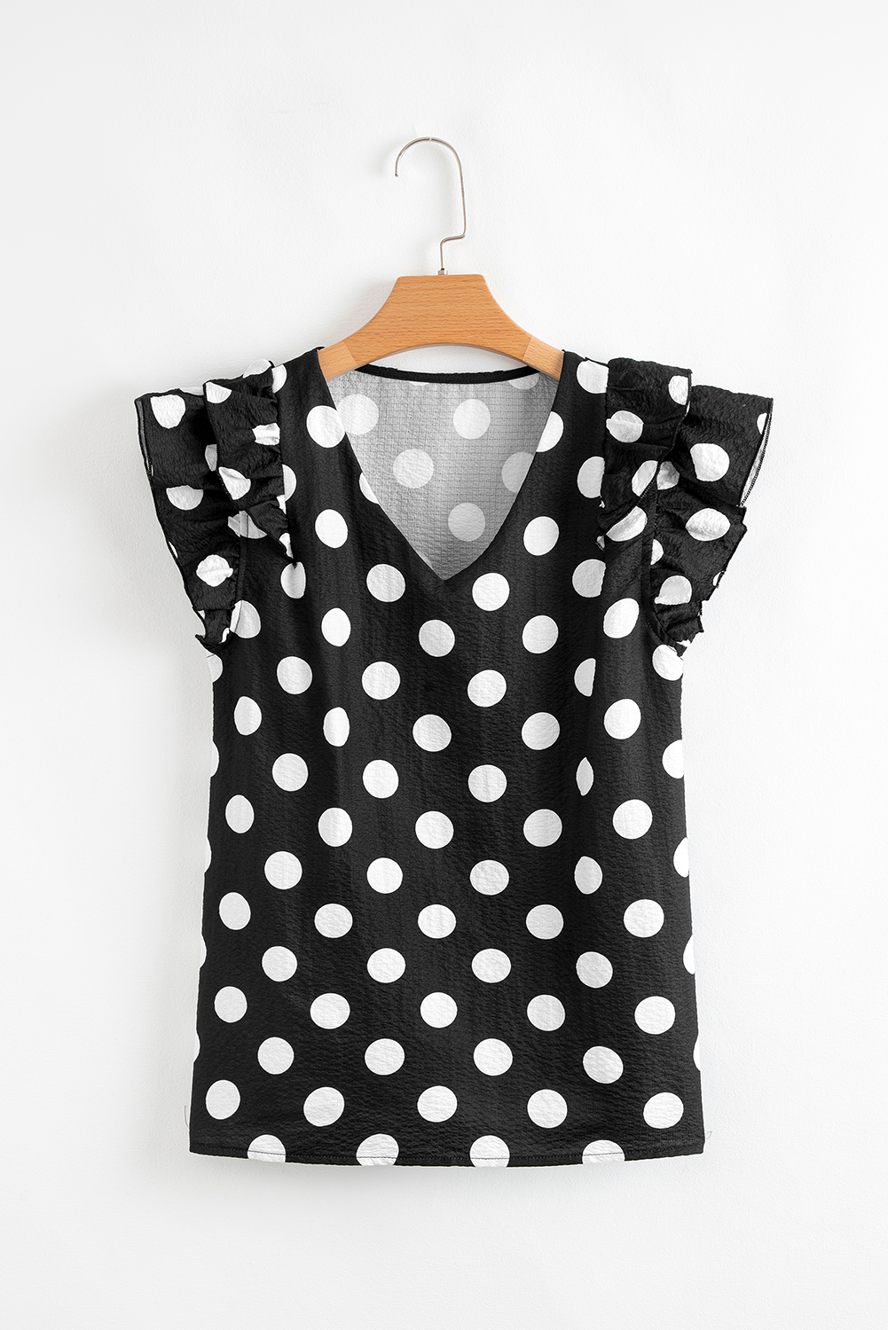 Black Polka Dot Print Ruffled Sleeve V Neck Blouse - loveforevers