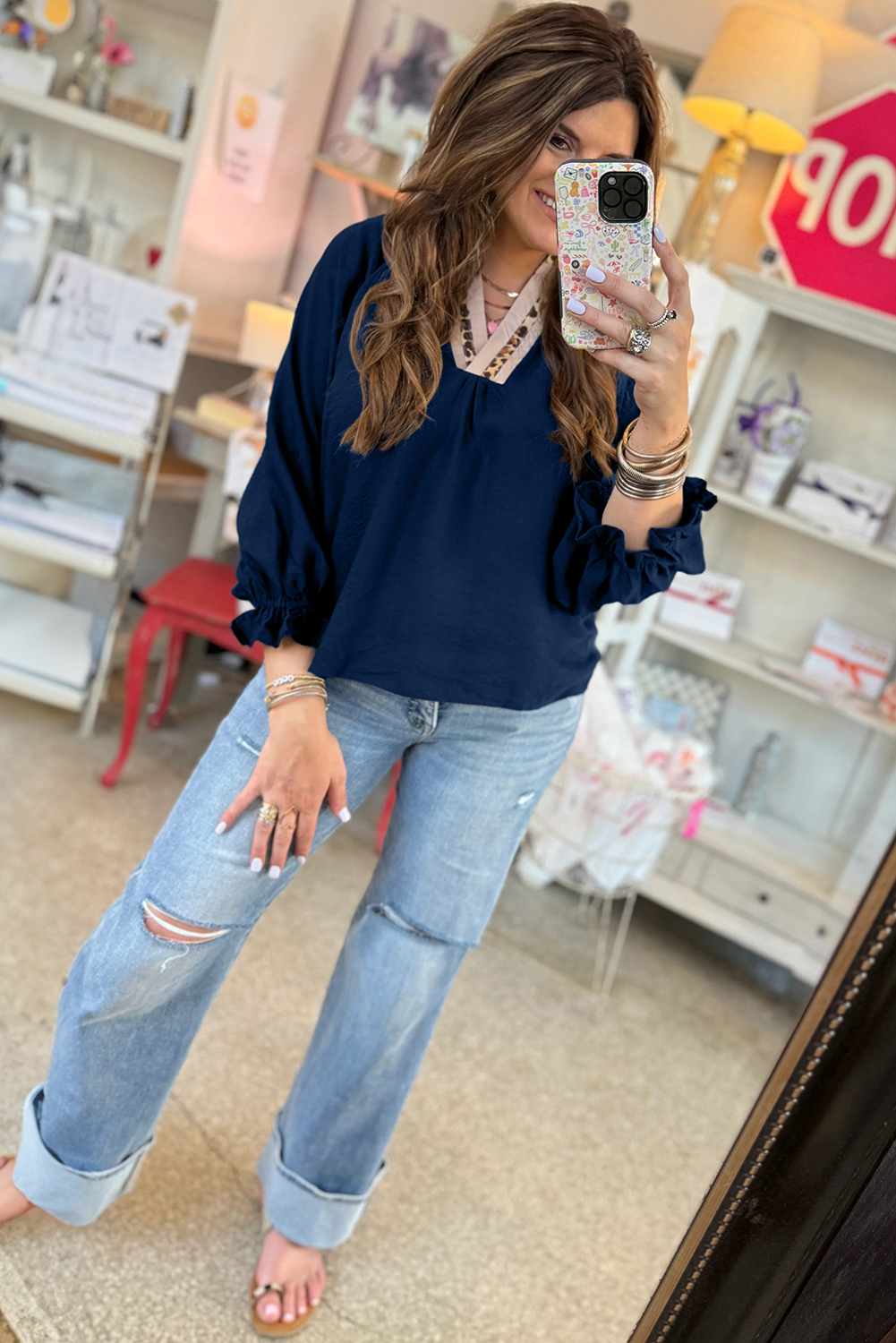 Dirty blue Leopard Trim V Neck Flounced Bracelet Sleeve Blouse - loveforevers
