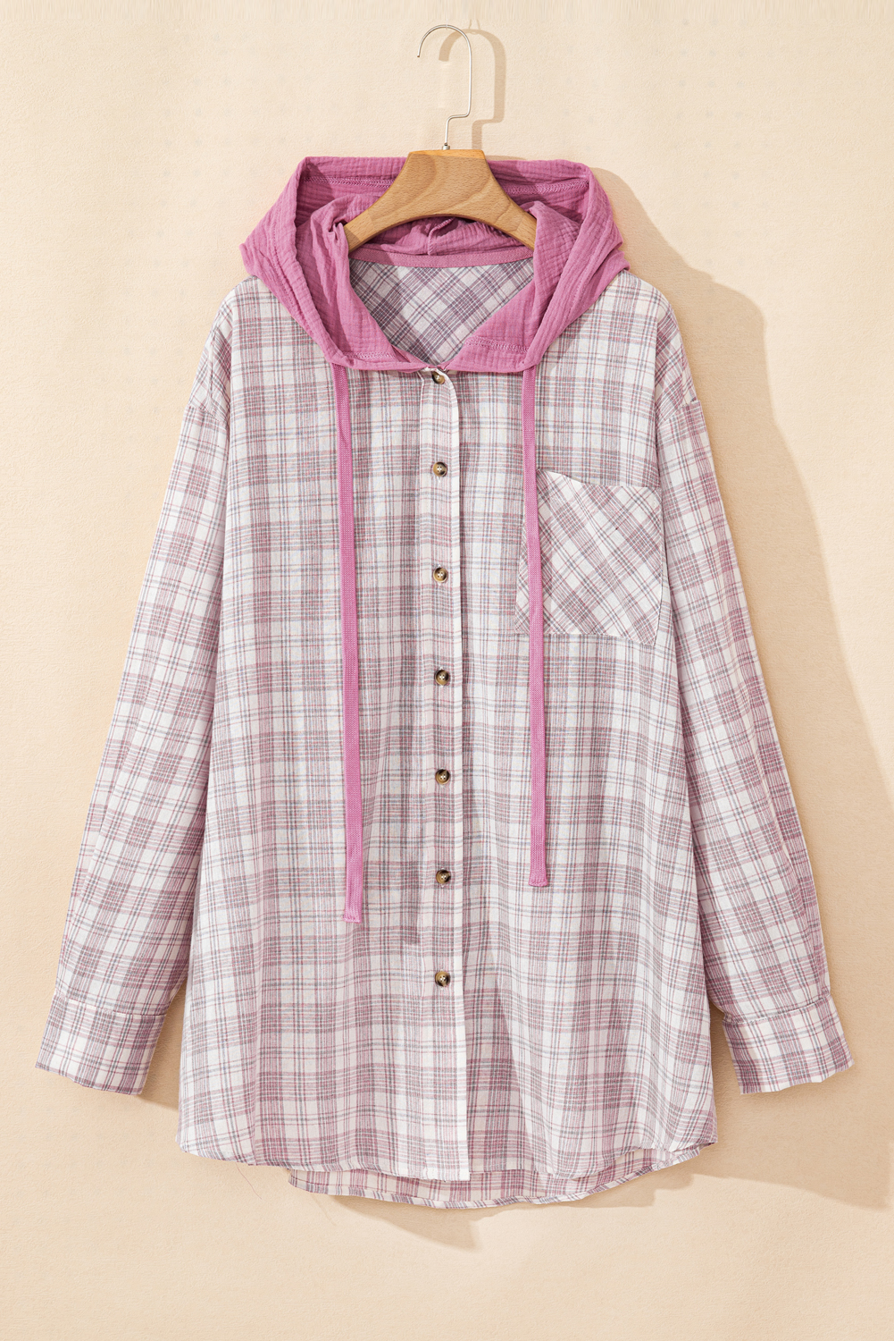 Khaki Checkered Print Loose Fit Buttoned Hooded Shacket - loveforevers