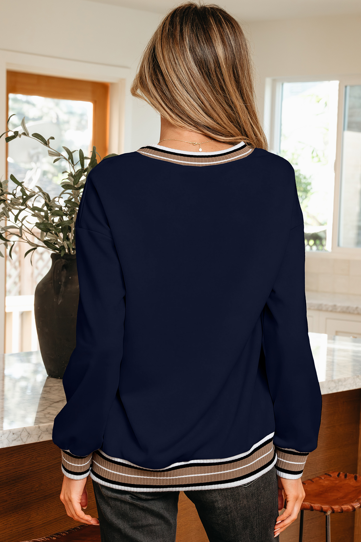 Gray Varsity Contrast Striped Trim V Neck Sweatshirt - loveforevers