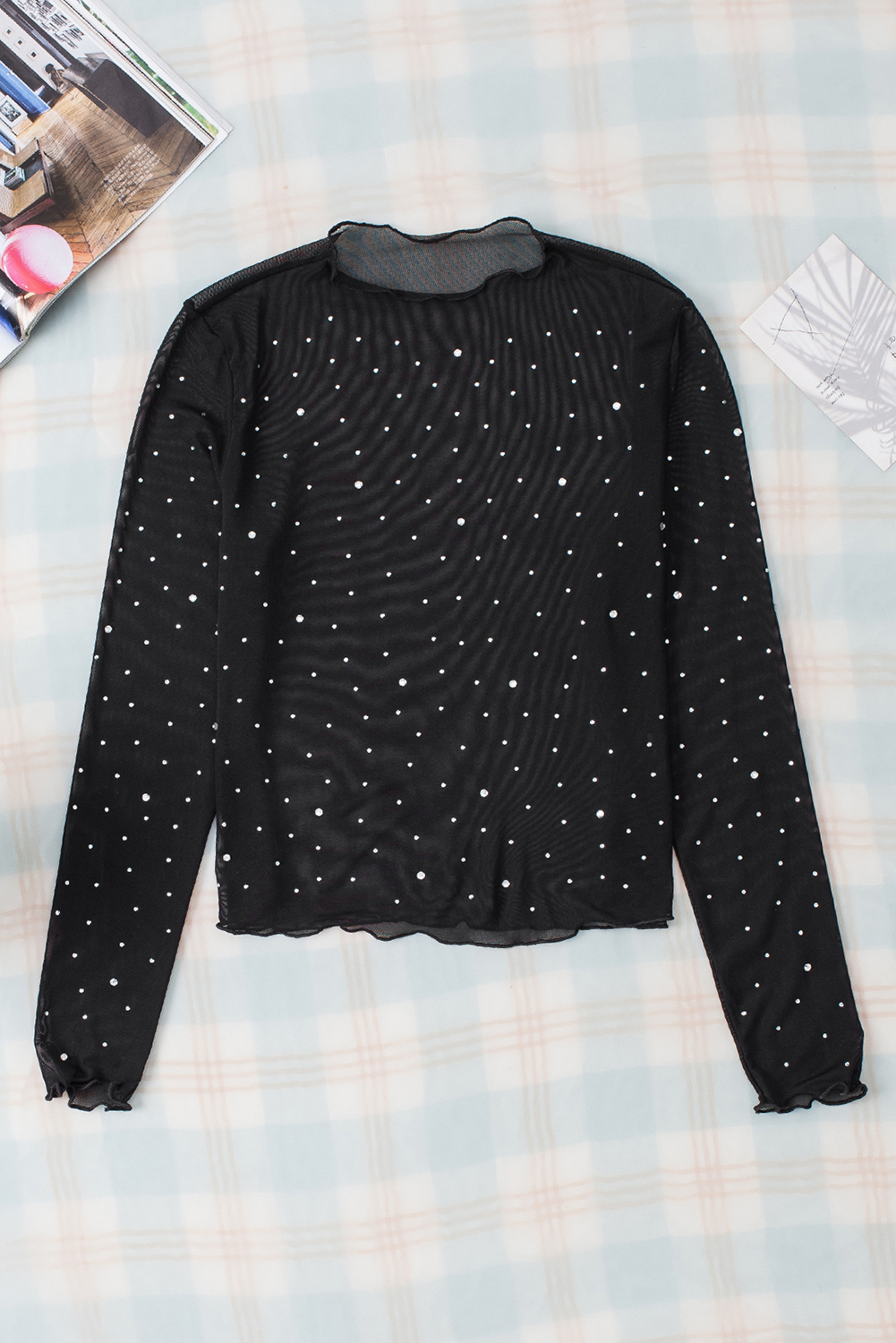 Black Rhinestone Sheer Mesh Slim Fit Long Sleeve Top - loveforevers