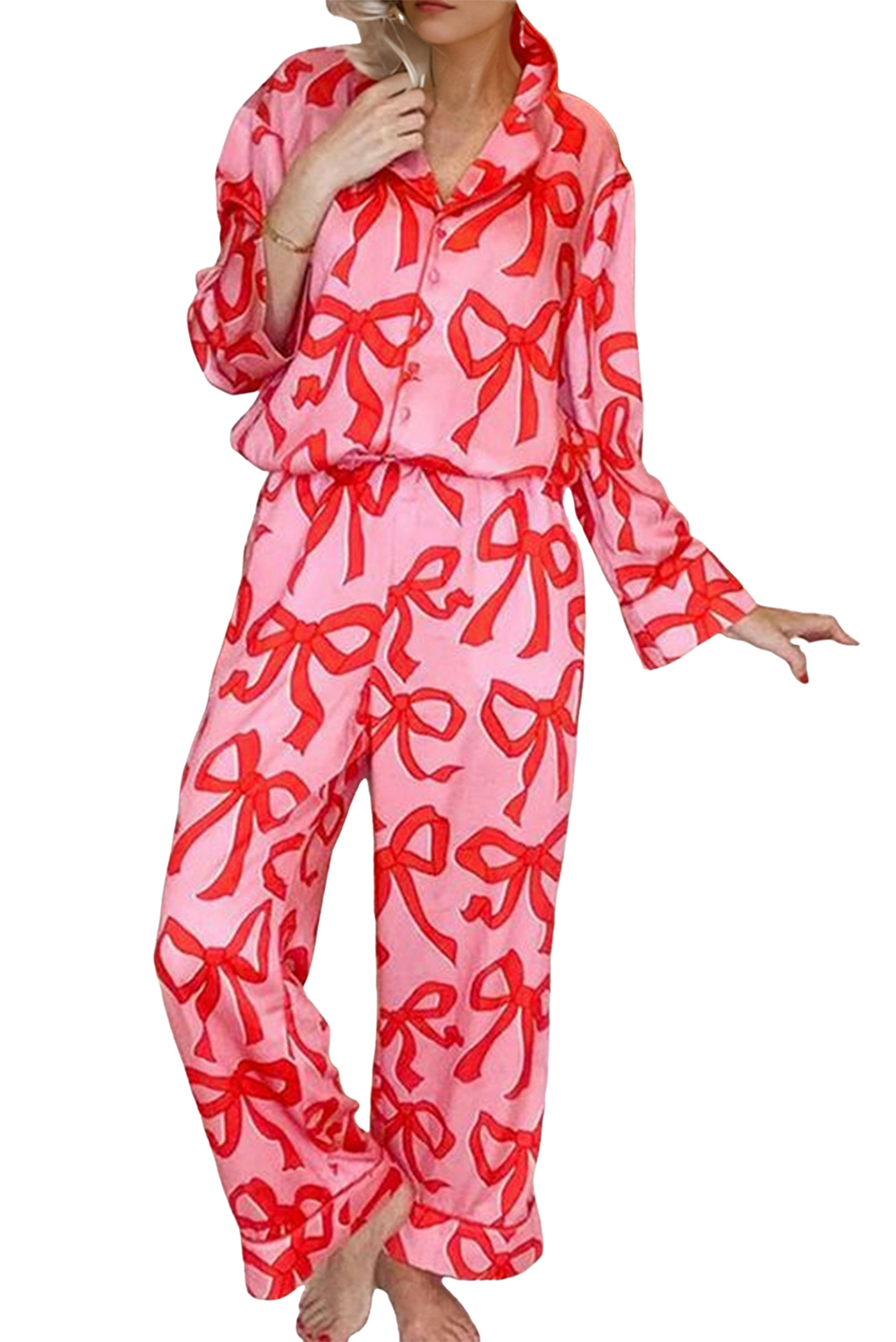 Pink 2pcs Bow Print Shirt Style Long Sleeve Pajama Set - loveforevers