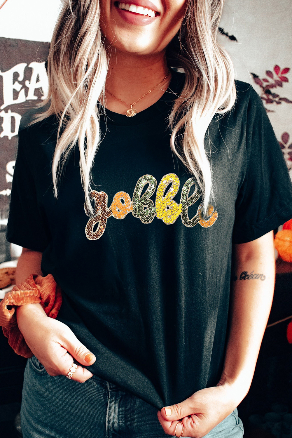 Black gobble Sequin Letter Graphic Thanksgiving T Shirt - loveforevers