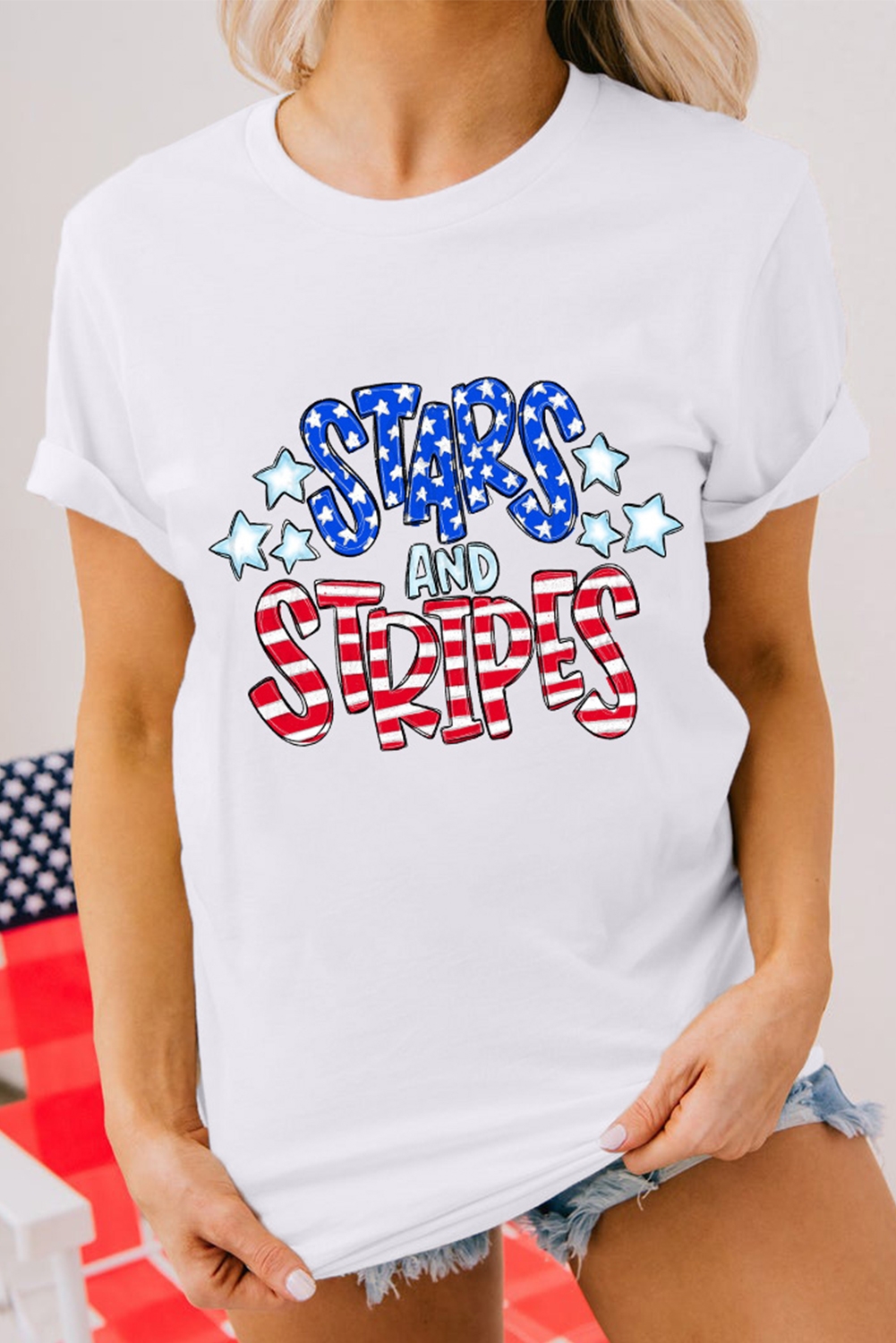 White Stars and Stripes Round Neck Graphic T Shirt - loveforevers