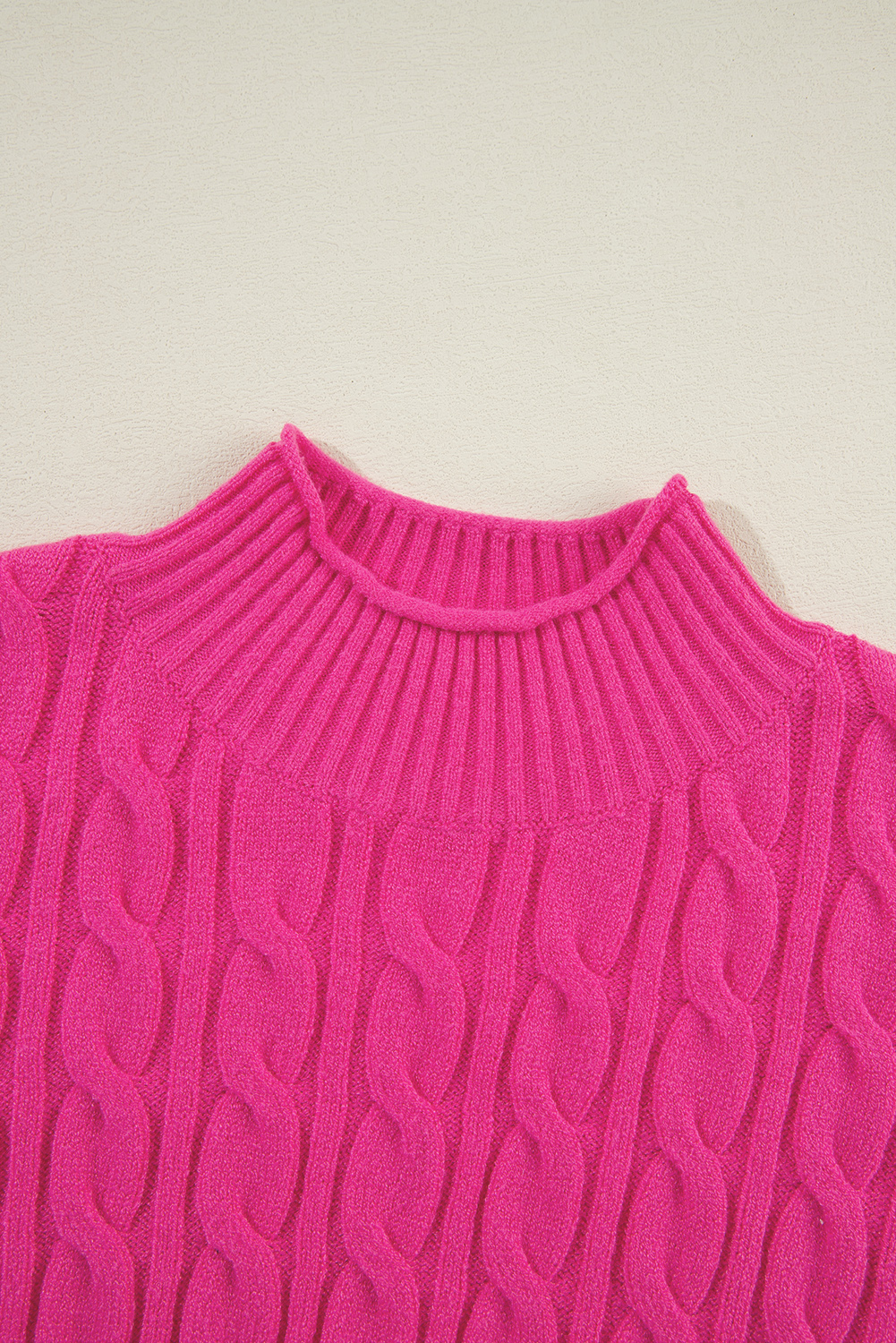 Rose Red Solid Cable Knit High Neck Drop Shoulder Sweater - loveforevers