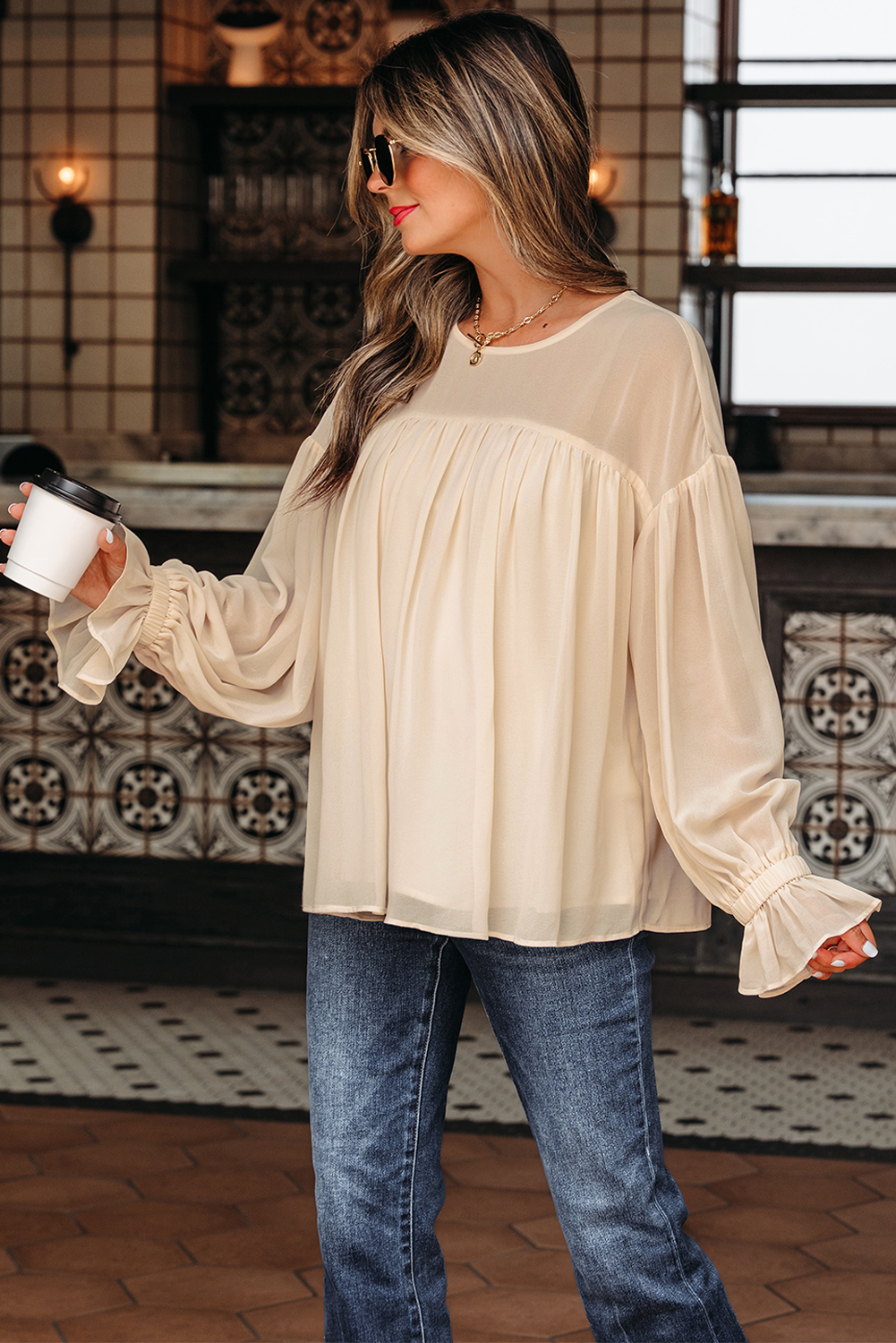 Parchment Pleated Ruffle Long Sleeve Chiffon Blouse - loveforevers
