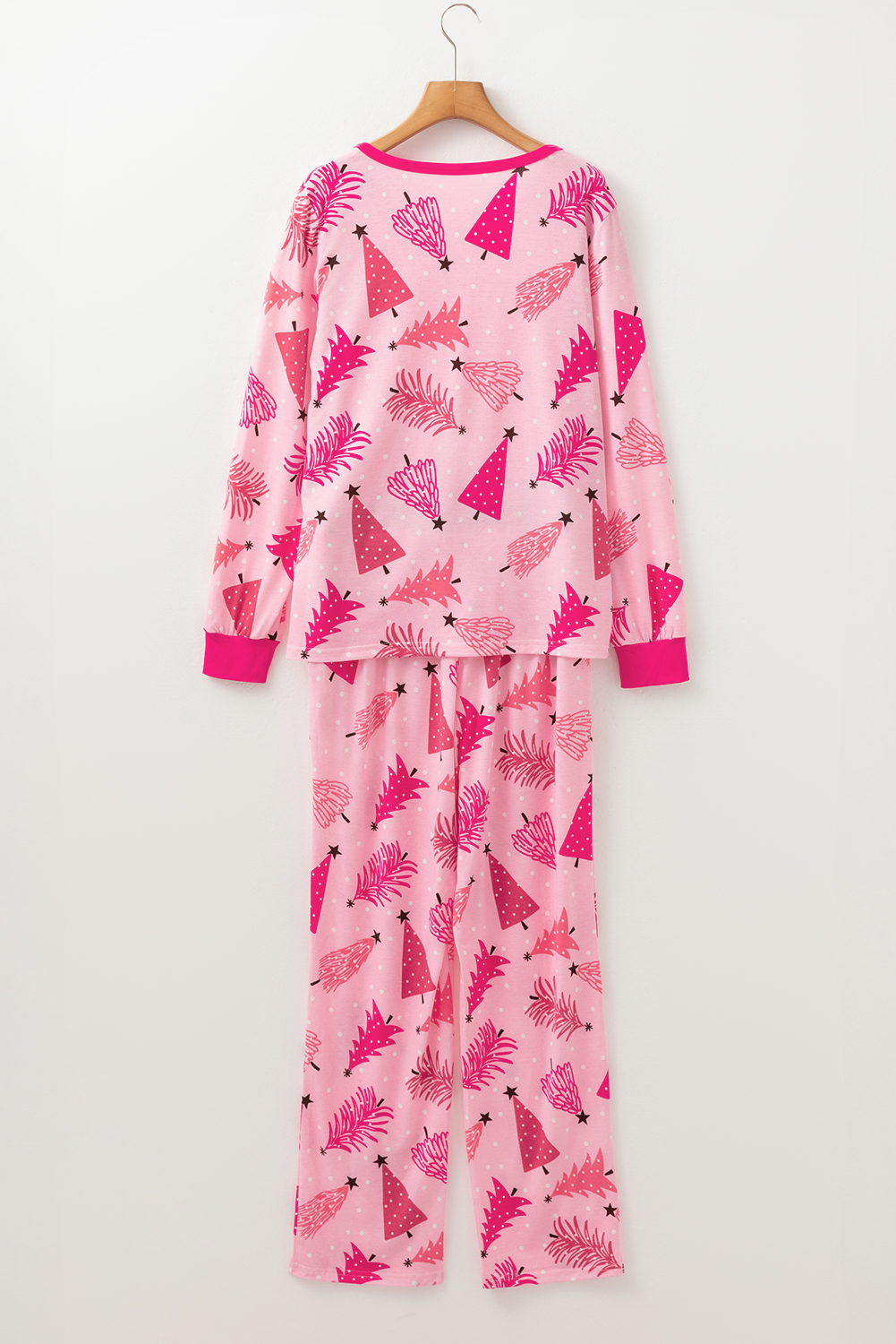 Pink Christmas Tree Print V Neck Buttoned Pullover and Drawstring Pants Lounge Set - loveforevers