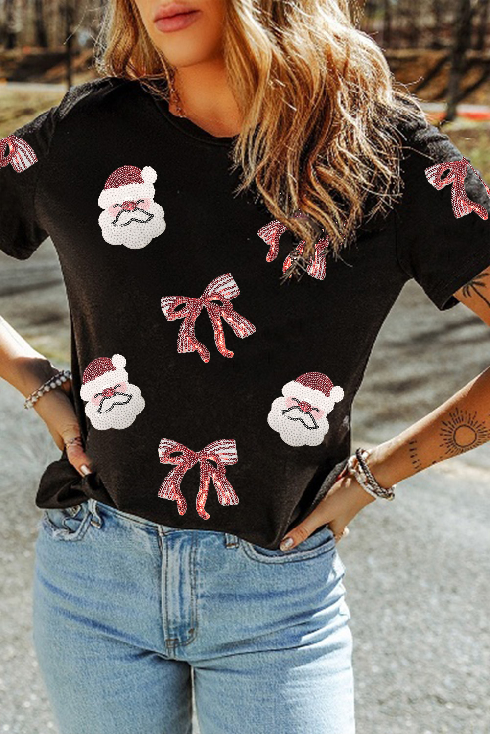 Black Sequined Santa Claus Bow Patched Pattern Christmas Holiday Festive T Shirt - loveforevers