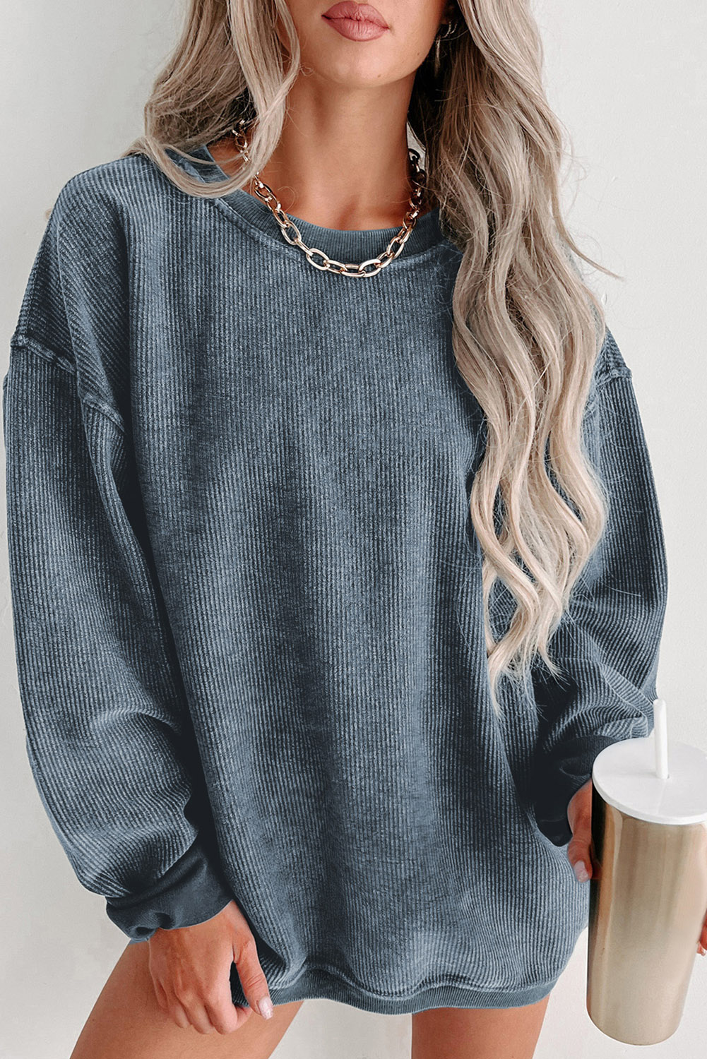 Pink Solid Ribbed Knit Round Neck Pullover Sweatshirt - loveforevers