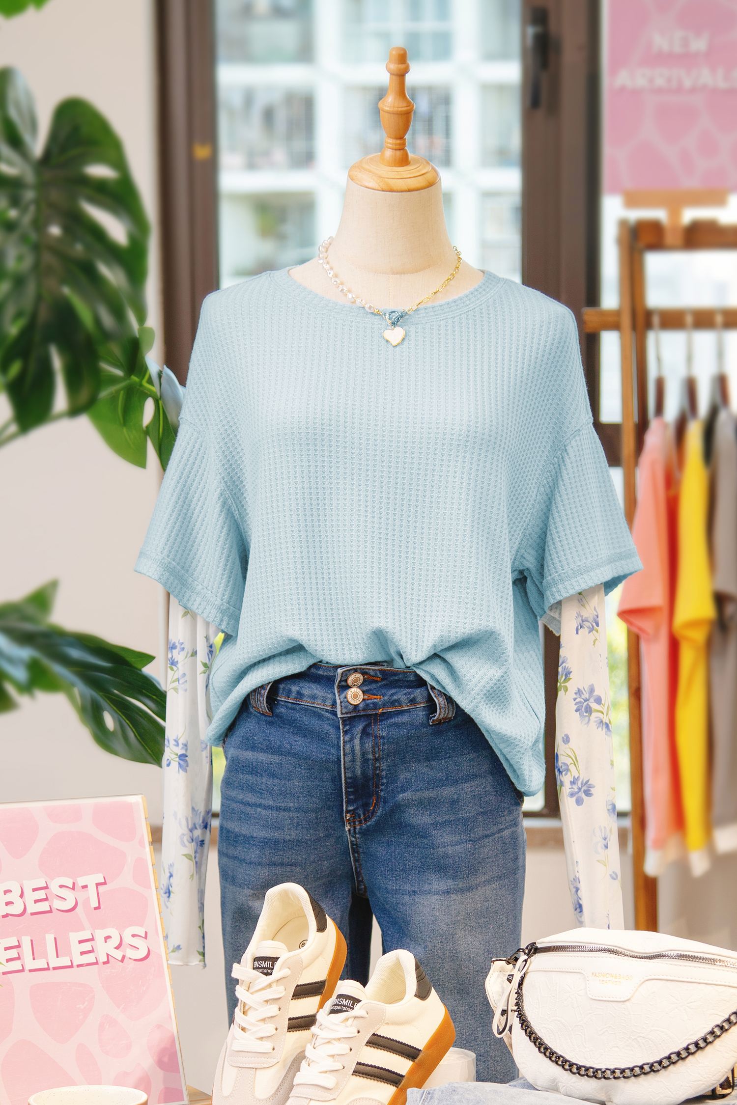 Beau Blue Floral Lace Sleeve Patchwork Waffle Fake Two-piece Top - loveforevers