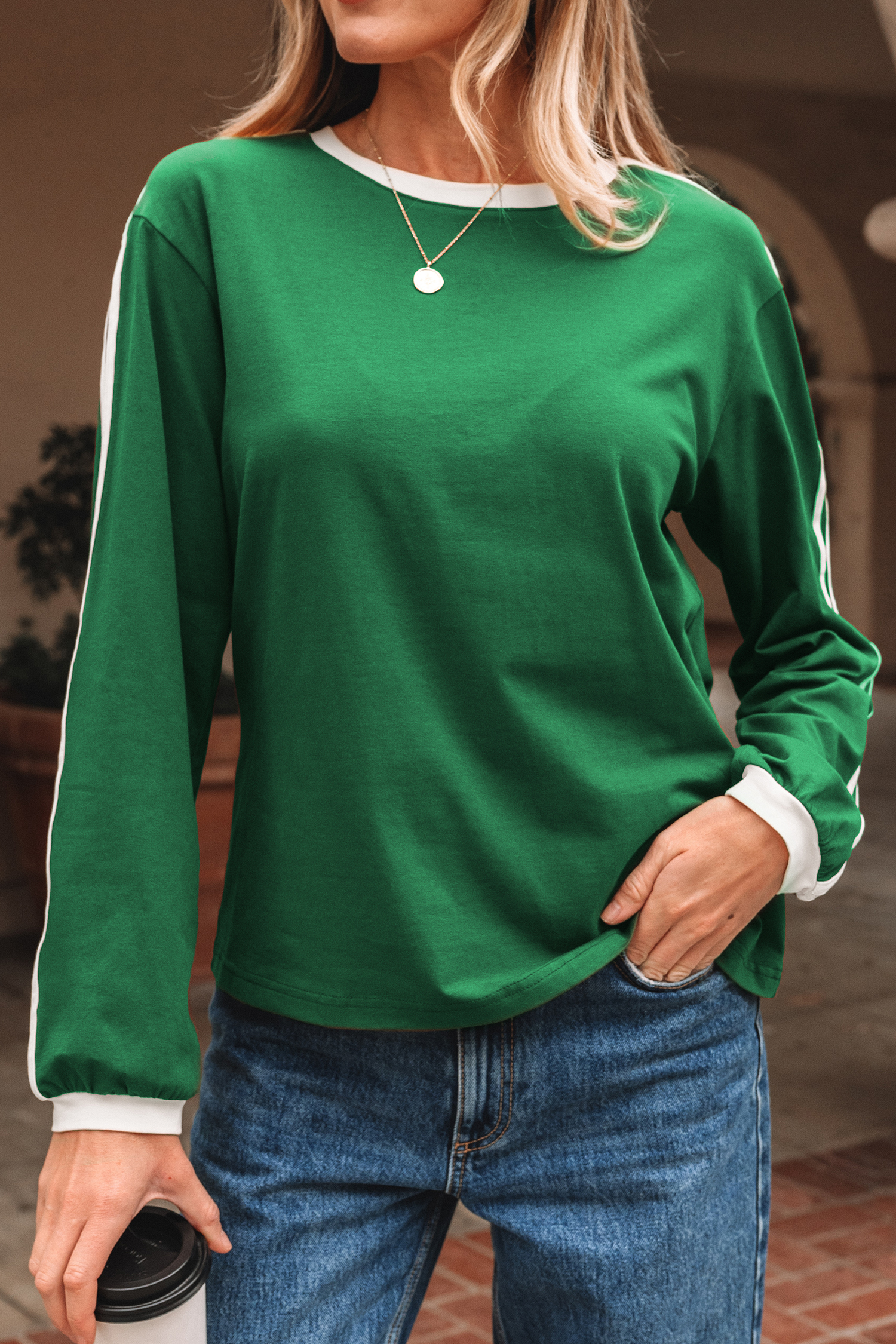 Dark Brown Varsity Striped Accent Contrast Crew Neck Long Sleeve T Shirt - loveforevers