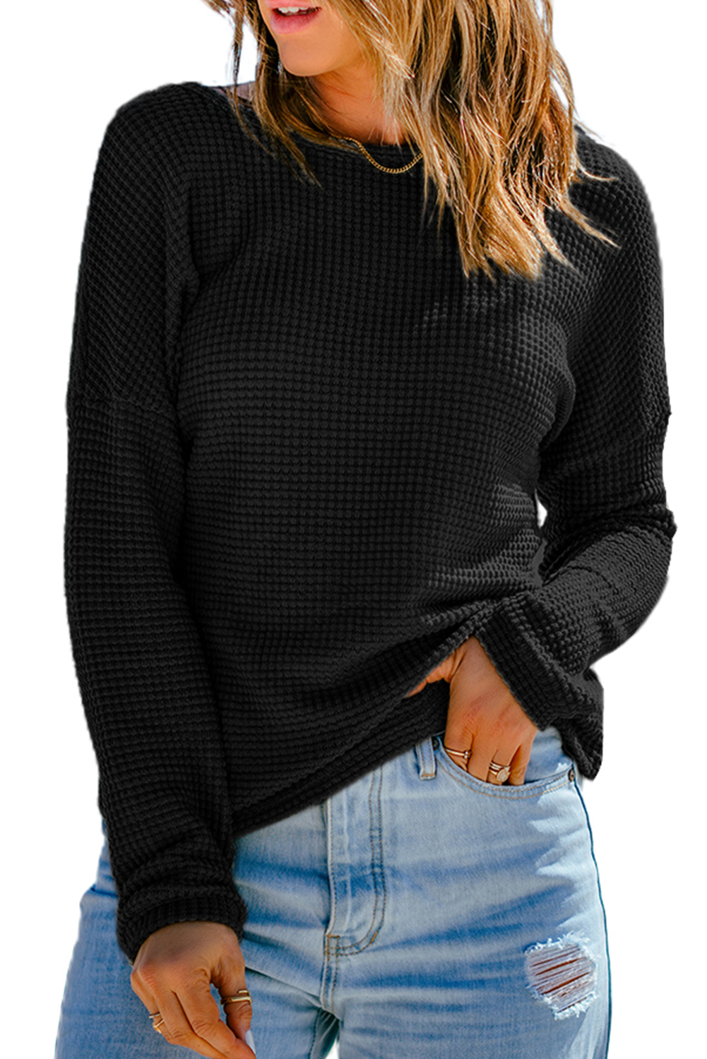 Green Waffle Knit Drop Shoulder Long Sleeve Top - loveforevers