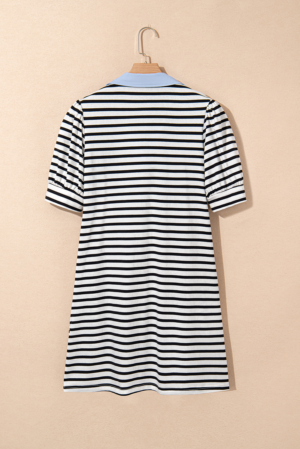 Black Stripe Contrast V Neck Collared Puff Sleeve T Shirt Mini Dress with Pockets - loveforevers