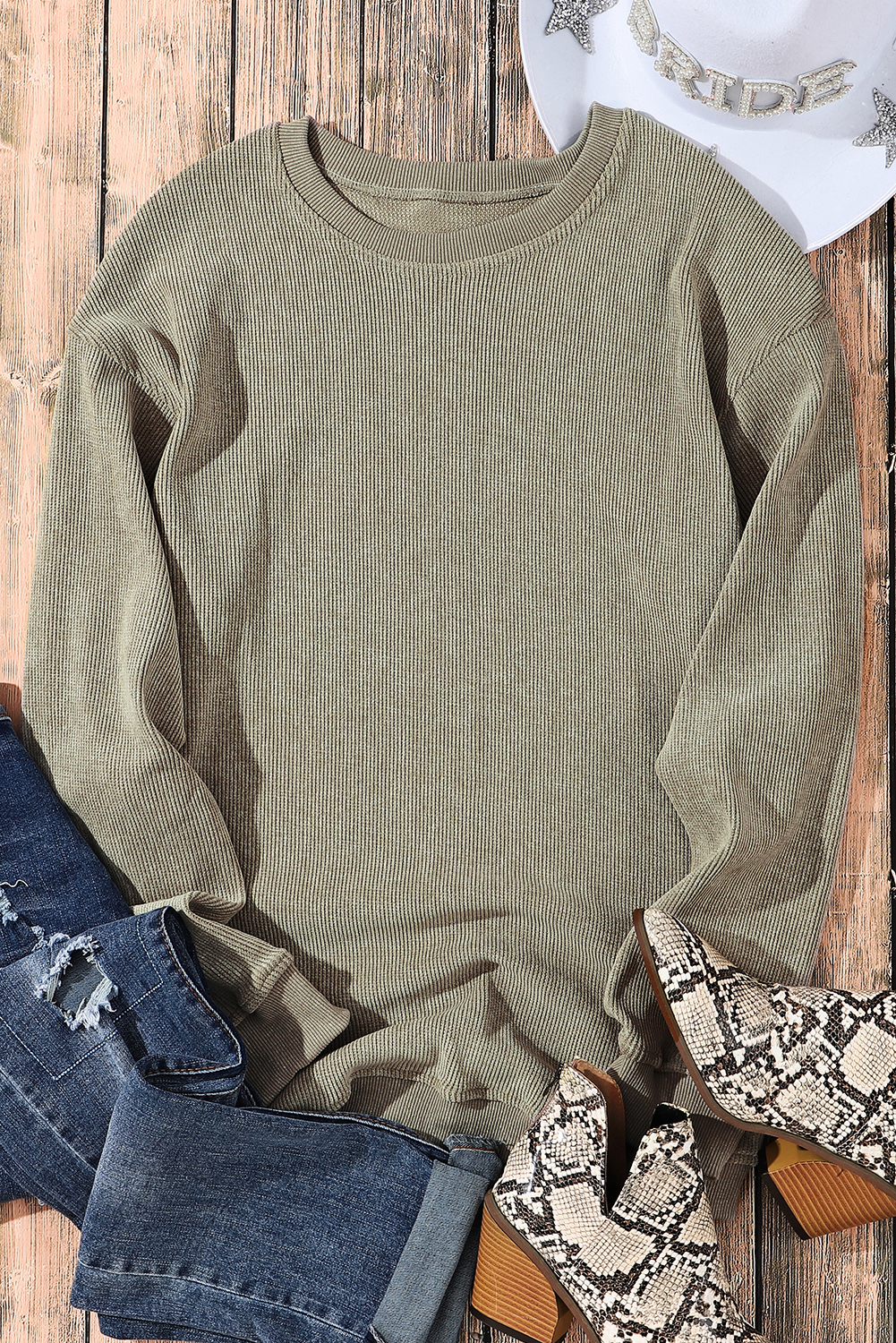 Pink Solid Ribbed Knit Round Neck Pullover Sweatshirt - loveforevers