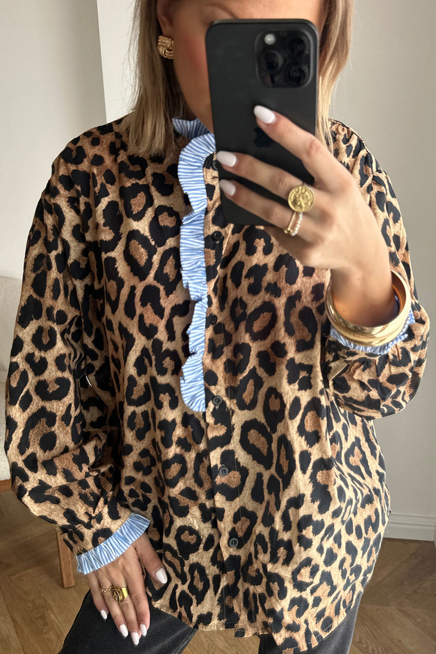 Brown Wild Leopard Print Contrast Striped Frilled Trim Chic Shirt - loveforevers