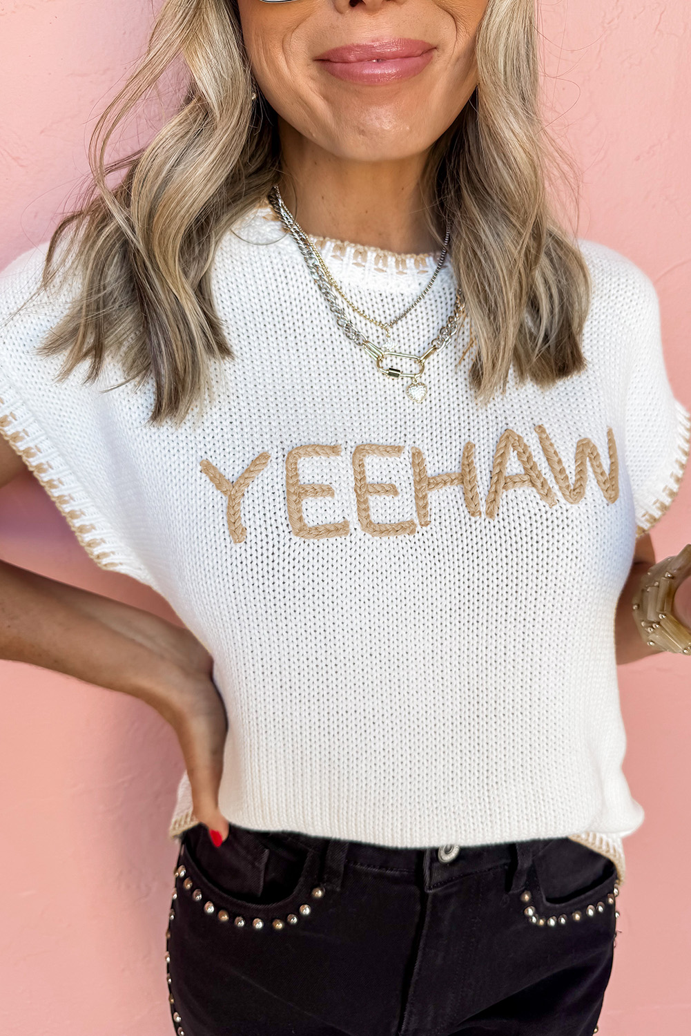 White Knitted YEEHAW Stitch Edge Crew Neck Sweater T Shirt - loveforevers