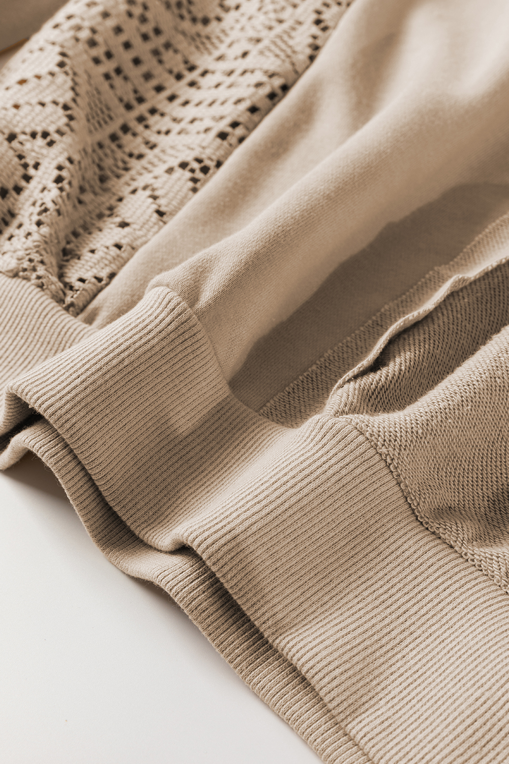 Parchment Knit Crochet Exposed Seam Ribbed Trim Sweatshirt - loveforevers