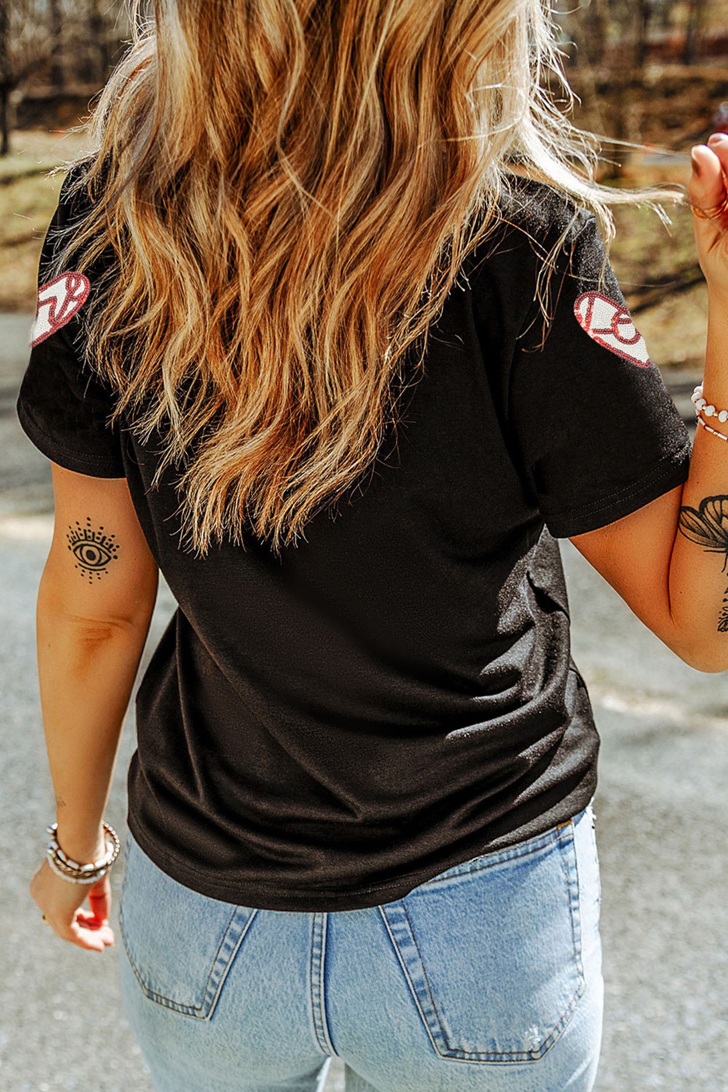 Black Sequin Heart Patched Valentines Day Fashion Graphic Tee - loveforevers