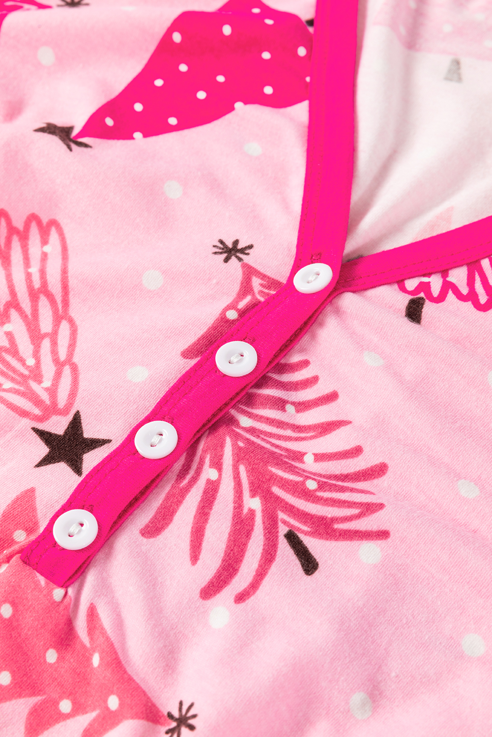 Pink Christmas Tree Print V Neck Buttoned Pullover and Drawstring Pants Lounge Set - loveforevers