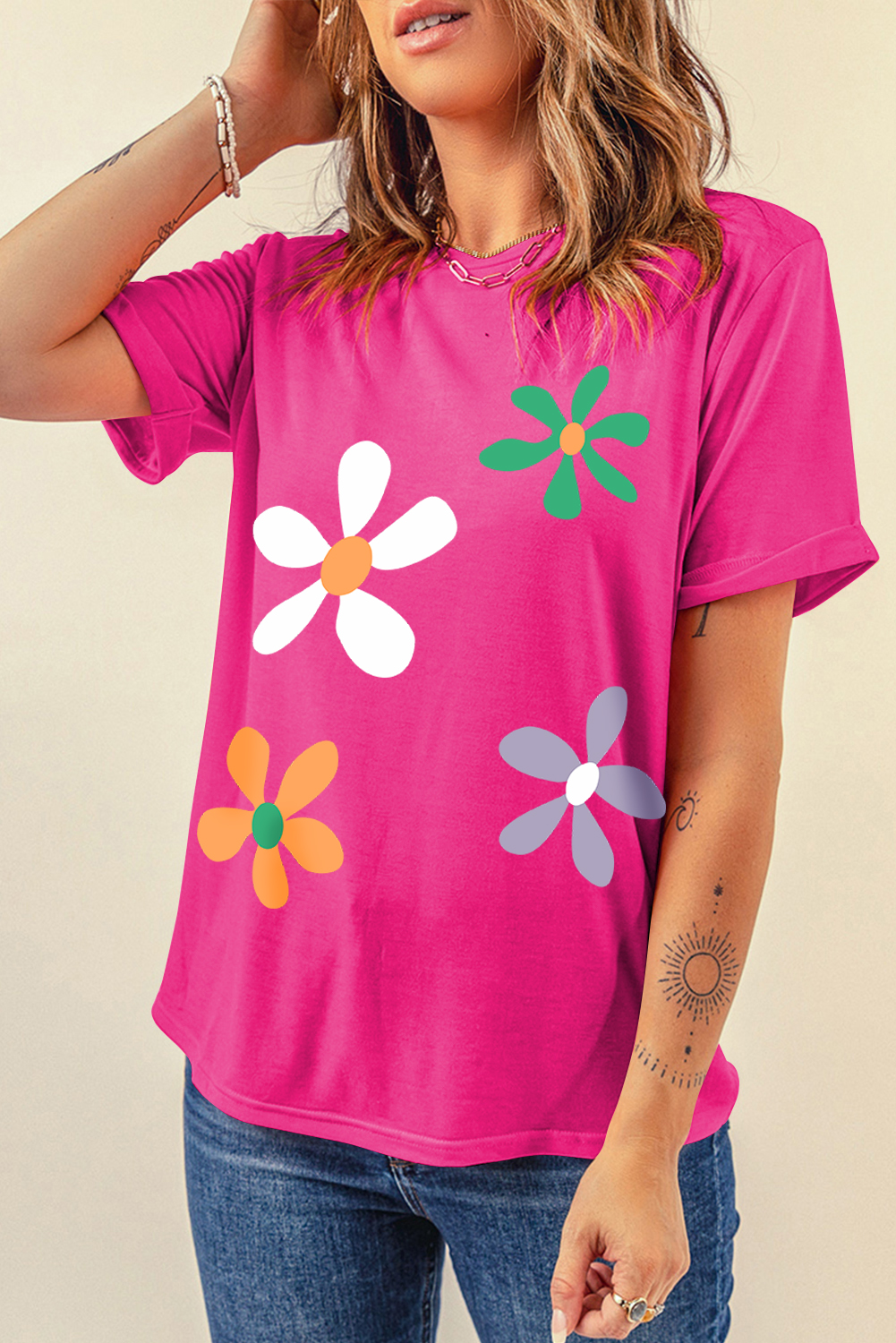 Rose Red Summer Flower Print Fashion Cotton Tee - loveforevers