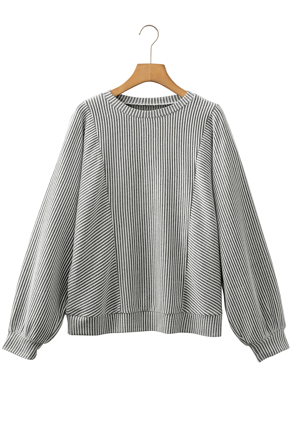 Gray Ribbed Knit Round Neck Long Lantern Sleeve Top - loveforevers